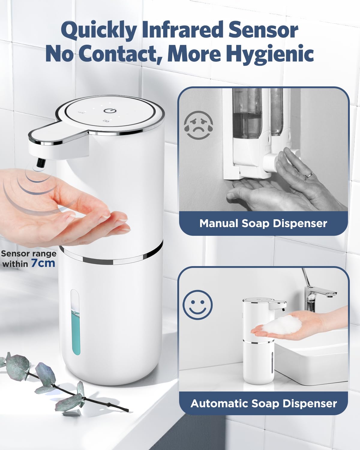 HAPPHOOH Automatic Soap Dispenser Wall-Mounted Touchless Foaming Soap Dispenser with 4 Adjustable Levels, USB Rechargeable Electric Soap Dispenser Sensor 380ml for Bathroom/Kitchen.