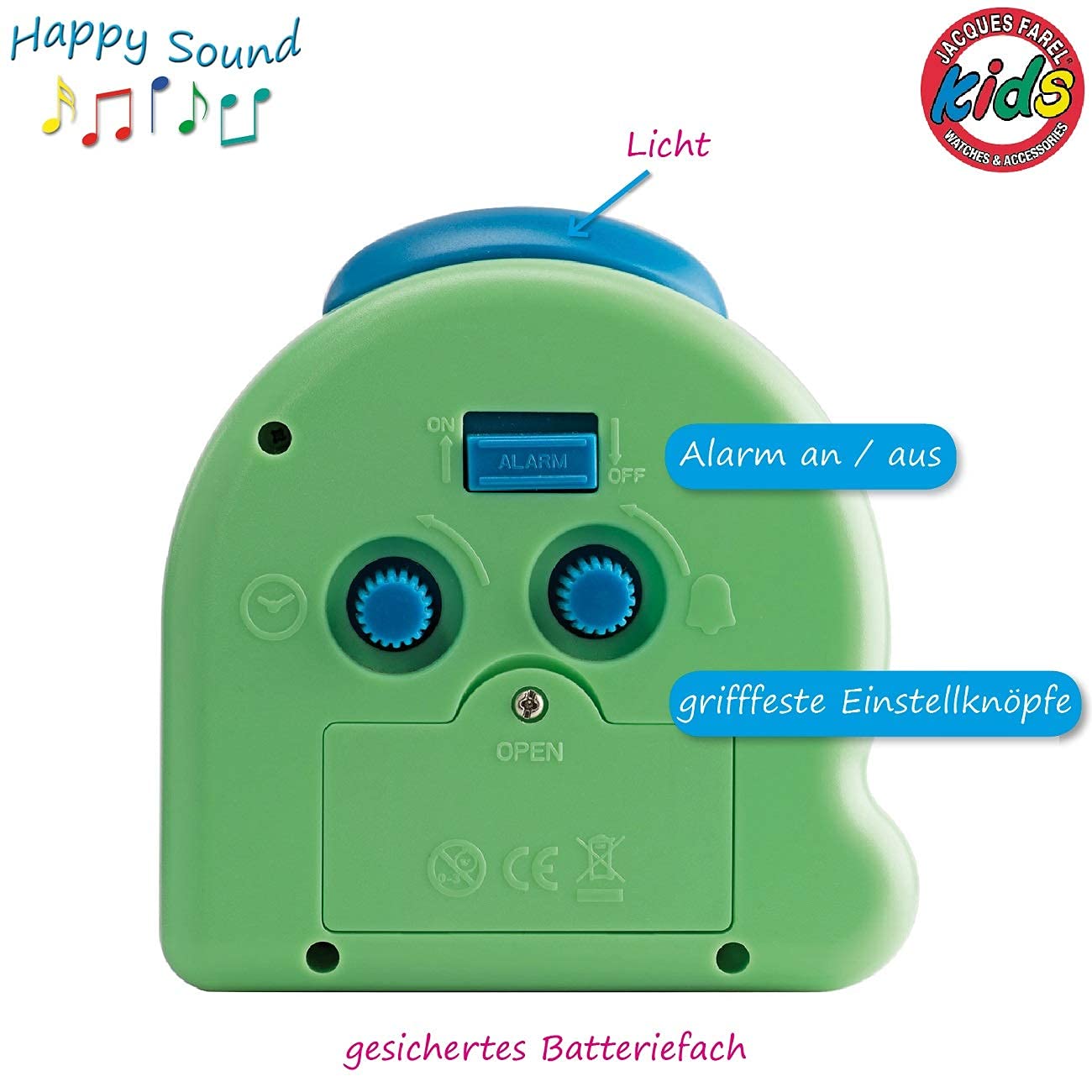 JACQUES FAREL HappySound Children's Alarm Clock Sound Alarm Light Green Mint with Melody Birdsong in the Forest, Volume Control Analog Quartz Light AVC 16FOREST