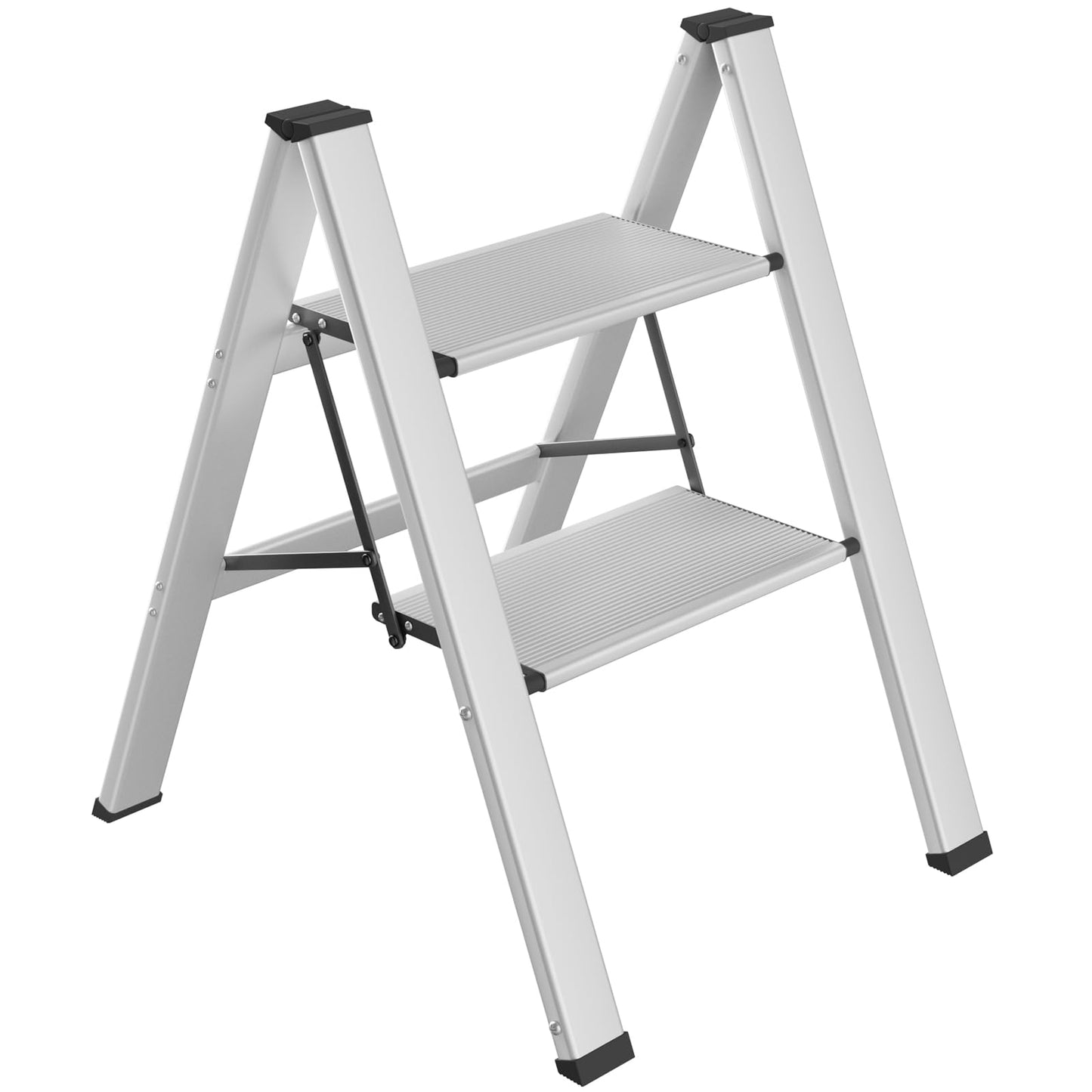 TLGREEN Aluminum Step Ladder 2-Step Folding Ladder Non-Slip Standing Ladder Household Multifunctional Step Stool Easy to Store up to 150kg Capacity for Kitchen Household Outdoor Office Silver