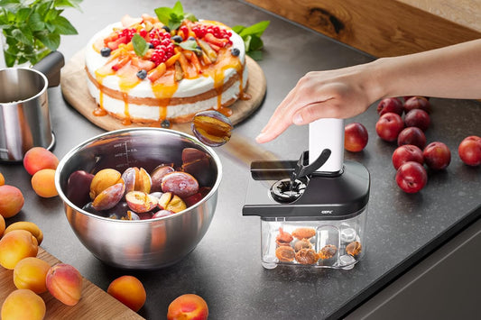 GEFU CORER Plum Stoner | For plums, damsons, apricots up to Ø 5 cm | Ejector & extra large container | Anti-slip & dishwasher safe