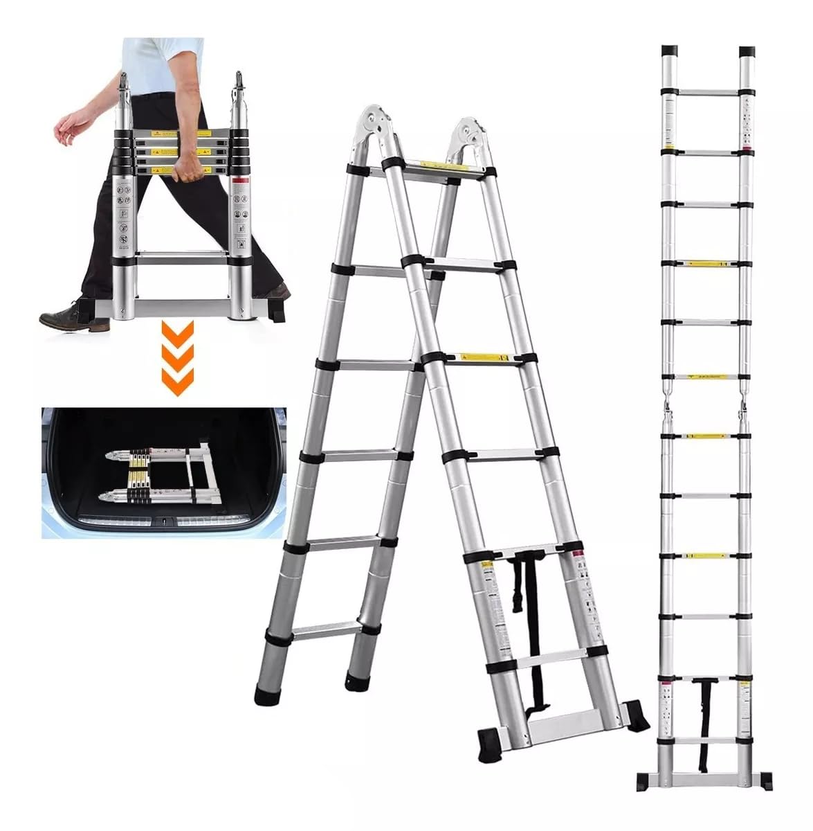 12.5FT extendable aluminum professional use telescoping ladder. Telescopic folding ladder extension 1.9m + 1.9m A-frame 3.8m ladder with stabilizer bar for building maintenance window cleaning.