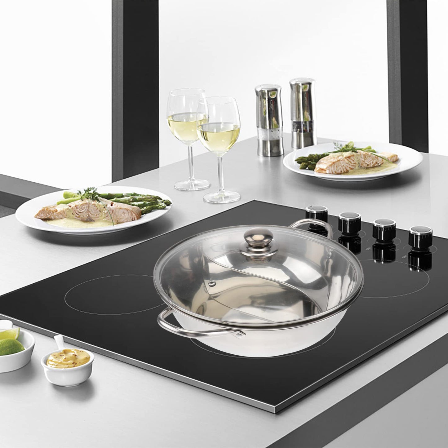 TOPBATHY Induction Wok Electric Hot Pot Induction Cooker Fondue Pot Shabu Hot Pot For Home Stainless Steel Insulated Hot Pot Electric Cooking Pots Rice Cooker Daily Use