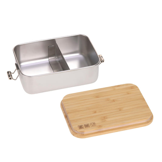 Casual kids lunch box made of stainless steel and bamboo, perfect for kindergarten or school. Sustainable and eco-friendly choice for breakfast or lunch on the go.