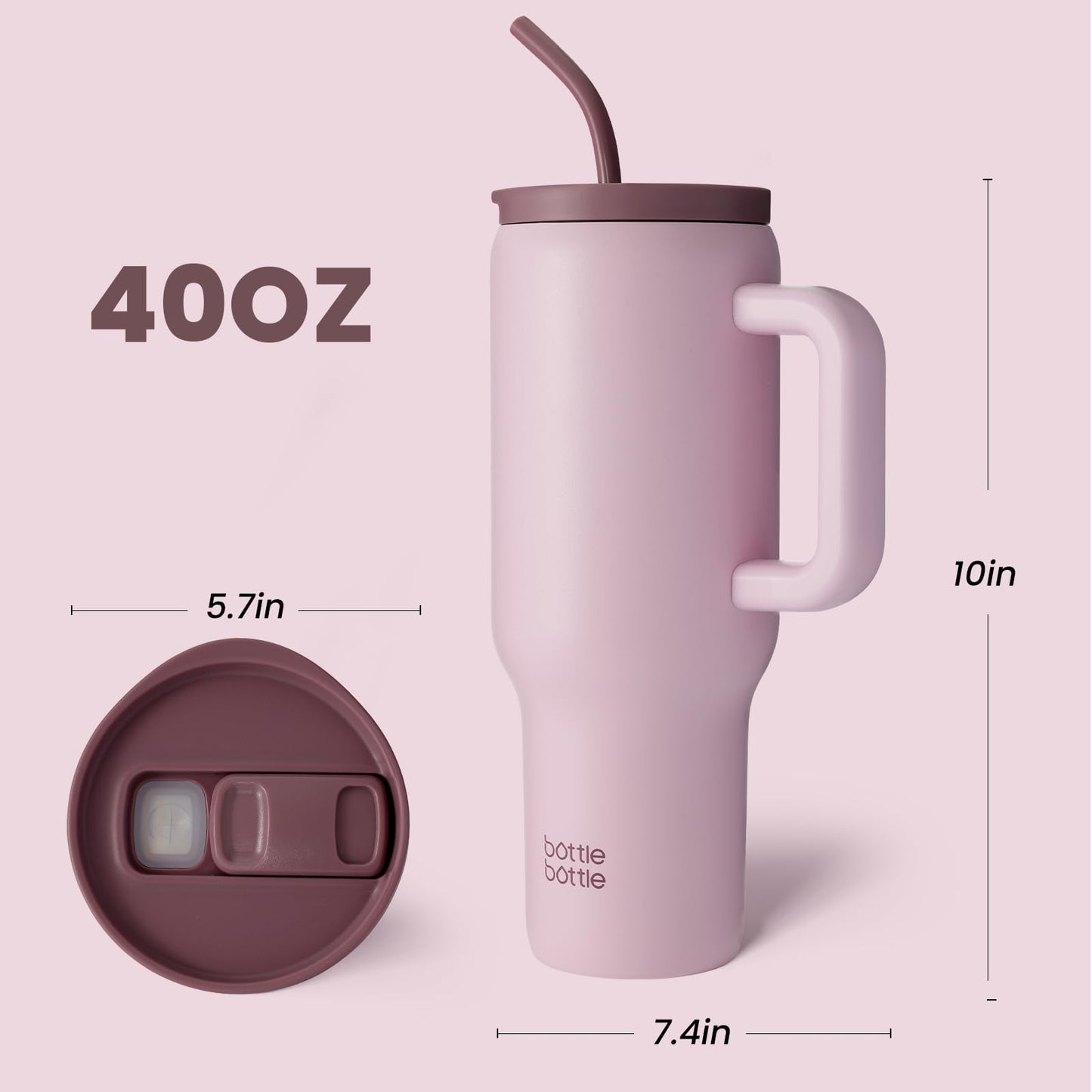 BOTTLE BOTTLE 40oz (1.1L) stainless steel coffee mug with handle & straw, BPA-free, insulated thermos cup for travel, office, school & sports, gift idea for coffee and tea lovers (Pink)