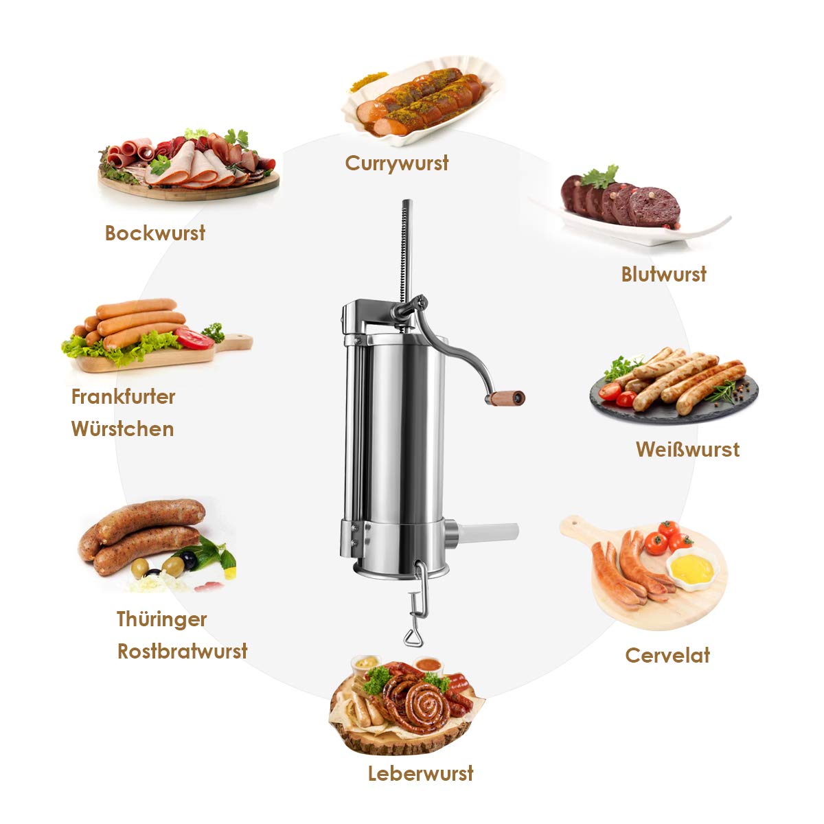 COSTWAY 1.5kg/2.5kg/3kg/5kg Manual Sausage Stuffer, Stainless Steel Sausage Maker, Silver Sausage Filling Machine with Table Clamp, Sausage Injector including Filling Tubes (5KG - 6 Filling Tubes)