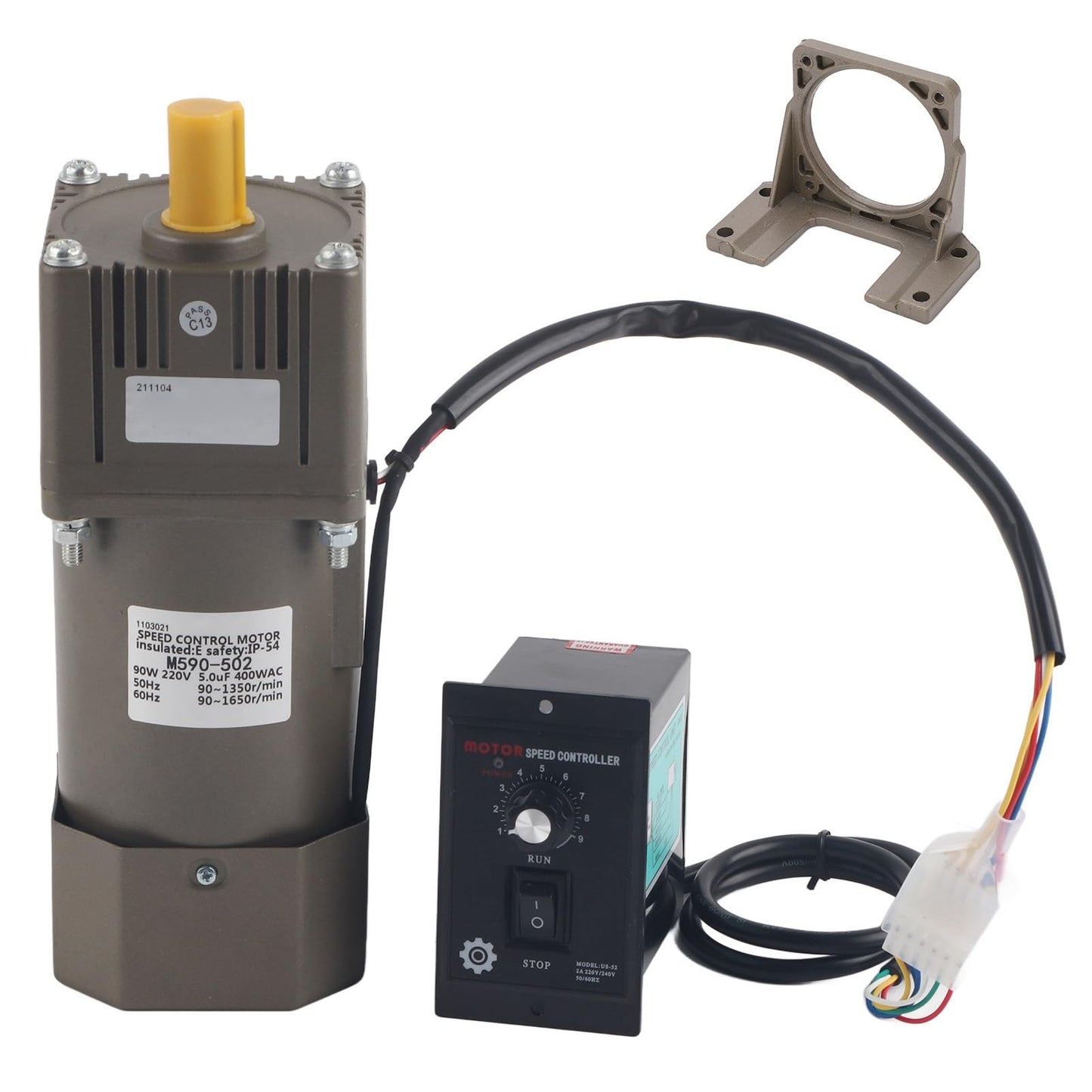 AC 220V 90W motor with adjustable speed. Continuously variable frequency converter motor with gear controller and bracket (10K).