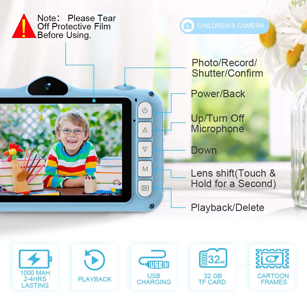 ITSHINY Kids Camera - Digital Camera with 3.5-inch Large Screen, 1080P HD 12MP, 32GB SD Card, USB Rechargeable, Selfie, for 3-10 Years, Blue