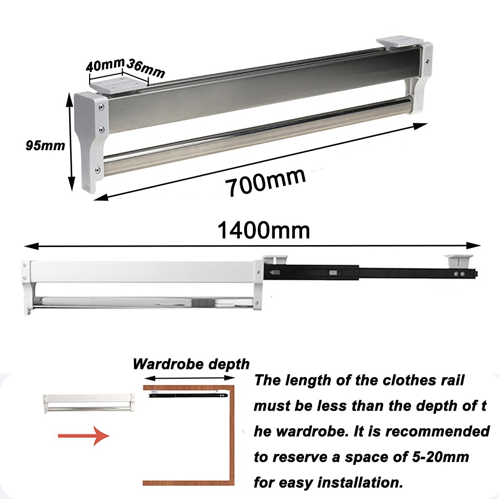 Pull-out clothes rail for pulling out the hangers, adjustable wardrobe clothes rail (700mm)