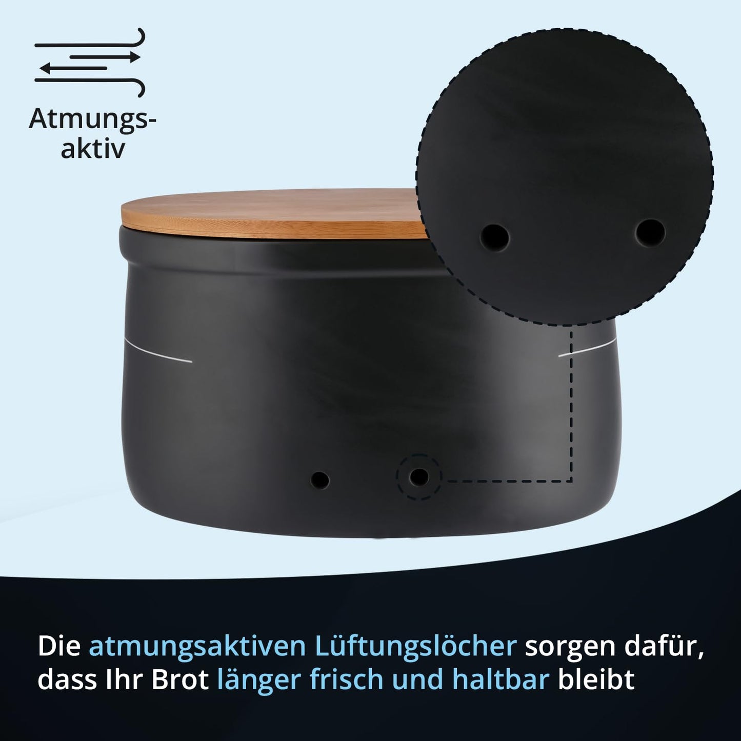 KHG Bread box large ceramic stoneware gray charcoal, wooden lid bamboo as cutting board, bread storage with matte & polished surface with labeling & ventilation holes