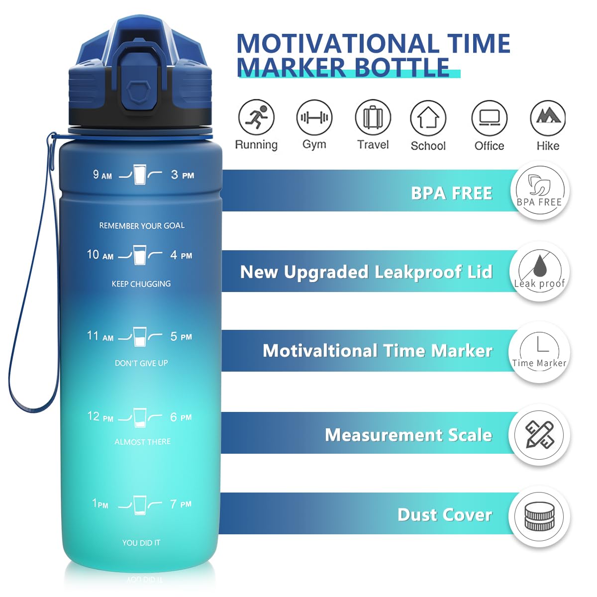 Zounich kids water bottle with leak-proof design. BPA-free, made of tritan plastic. Perfect for sports, biking, school, and even carbonated drinks. Dishwasher safe.