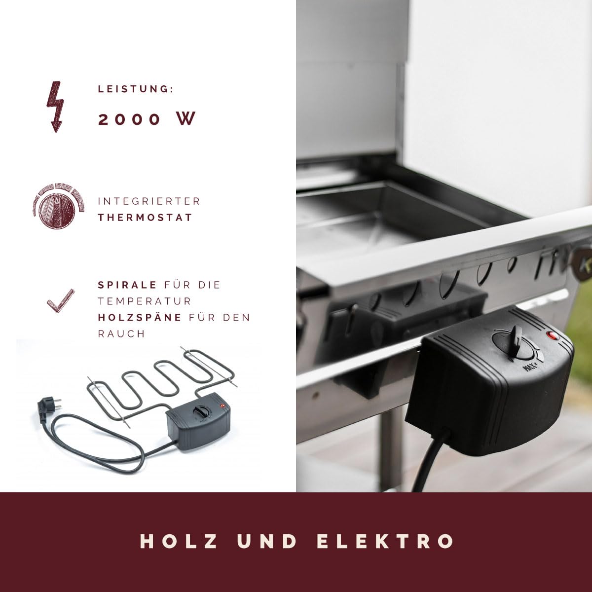 KAISER COMPANY '50' High-Quality Electric Smoker in Stainless Steel I Portable 80 cm Smoker I Perfect for Smoking I Fits up to 10kg of meat I 2000W I with Accessories I RUSTPROOF