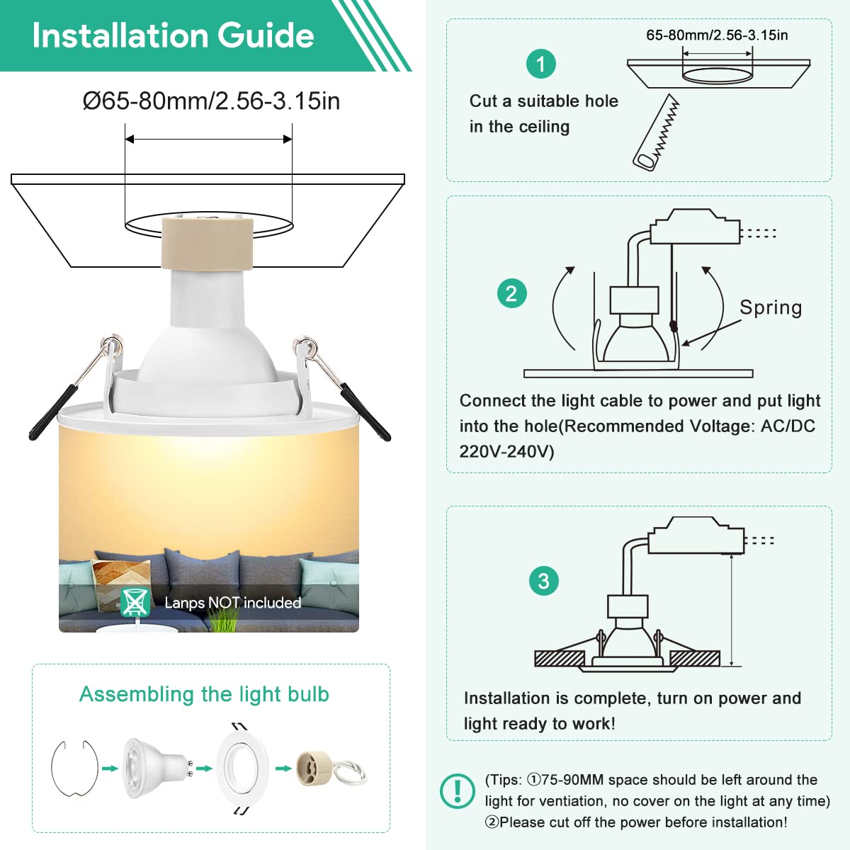 10x recessed spotlight GU10 set with white mounting frame for 230V spots, including GU10 socket, LED with 68mm hole diameter round, 30° tiltable integrated spotlight frame for LED or halogen bulbs.
