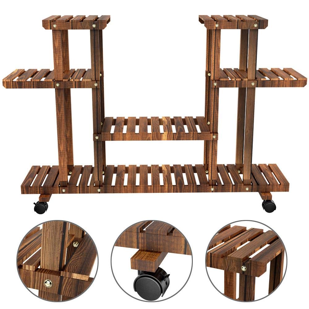 Yaheetech Plant Stand with Wheels, 4-Tier Plant Shelf for Balcony, Flower Stand, Flower Steps, Solid Wood, for Indoor & Outdoor, 124 x 33 x 80 cm.