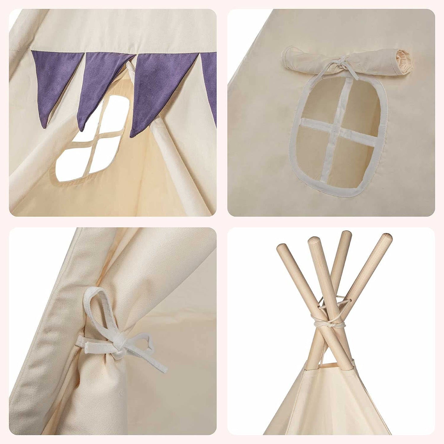 Kids Play tent Teepee Children's tent made of 100% natural materials; Kids' room Indian tent made of cotton & wood for indoors & outdoors (Beige)