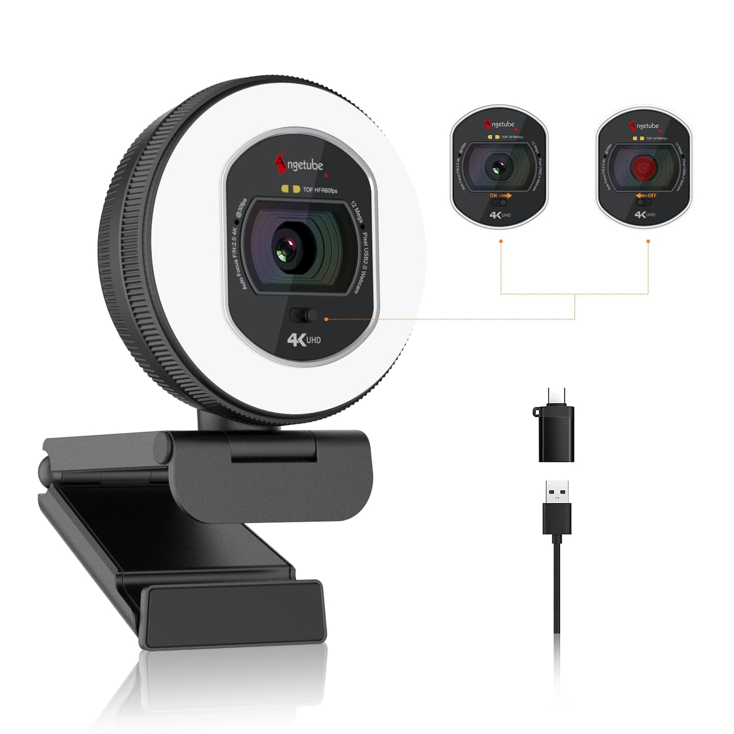 Angetube 4K webcam with light - streaming camera for PC with dual AI noise-cancelling microphone, auto-focus, and built-in privacy cover. USB 1080P 60FPS webcam for laptop and Mac.