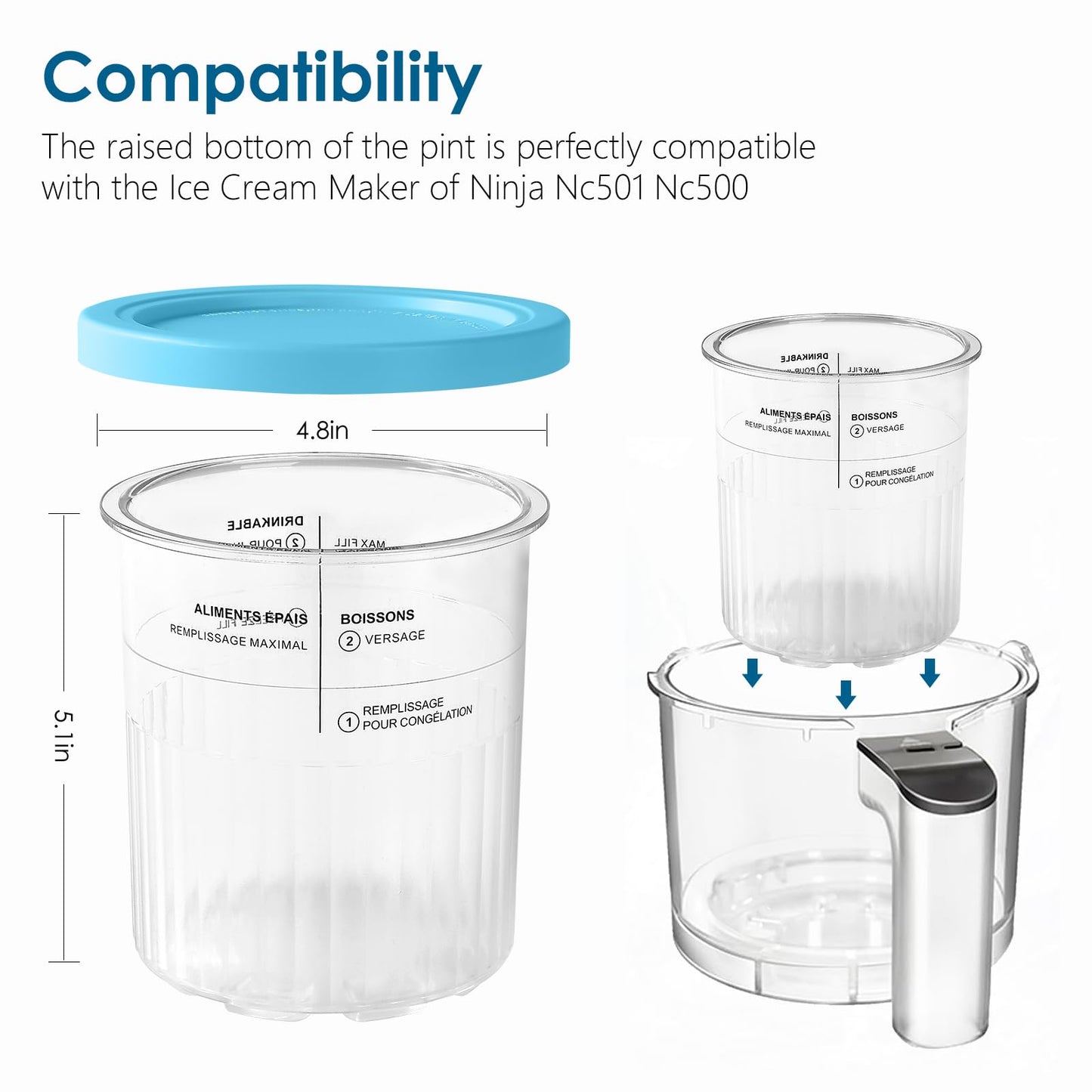 4-pack of Vione replacement Ninja Creami Deluxe Pints and Lids. 24 oz. pint containers compatible with NC501, NC500 series. BPA-free, dishwasher safe, assorted colors.