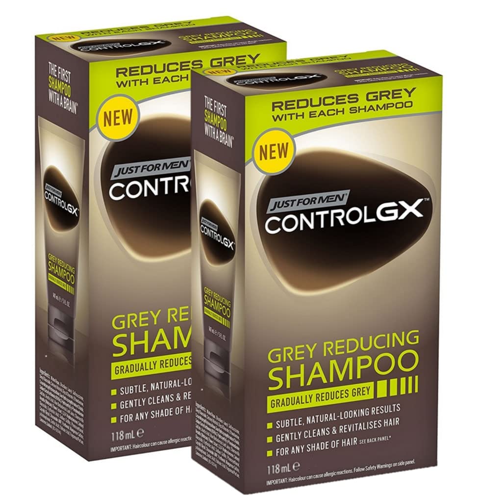 Just For Men Control GX - Gray-reducing shampoo for gray hair, with coconut oil and aloe vera, new improved formula, all shades, 118 ml x 2 units - Pack Promo