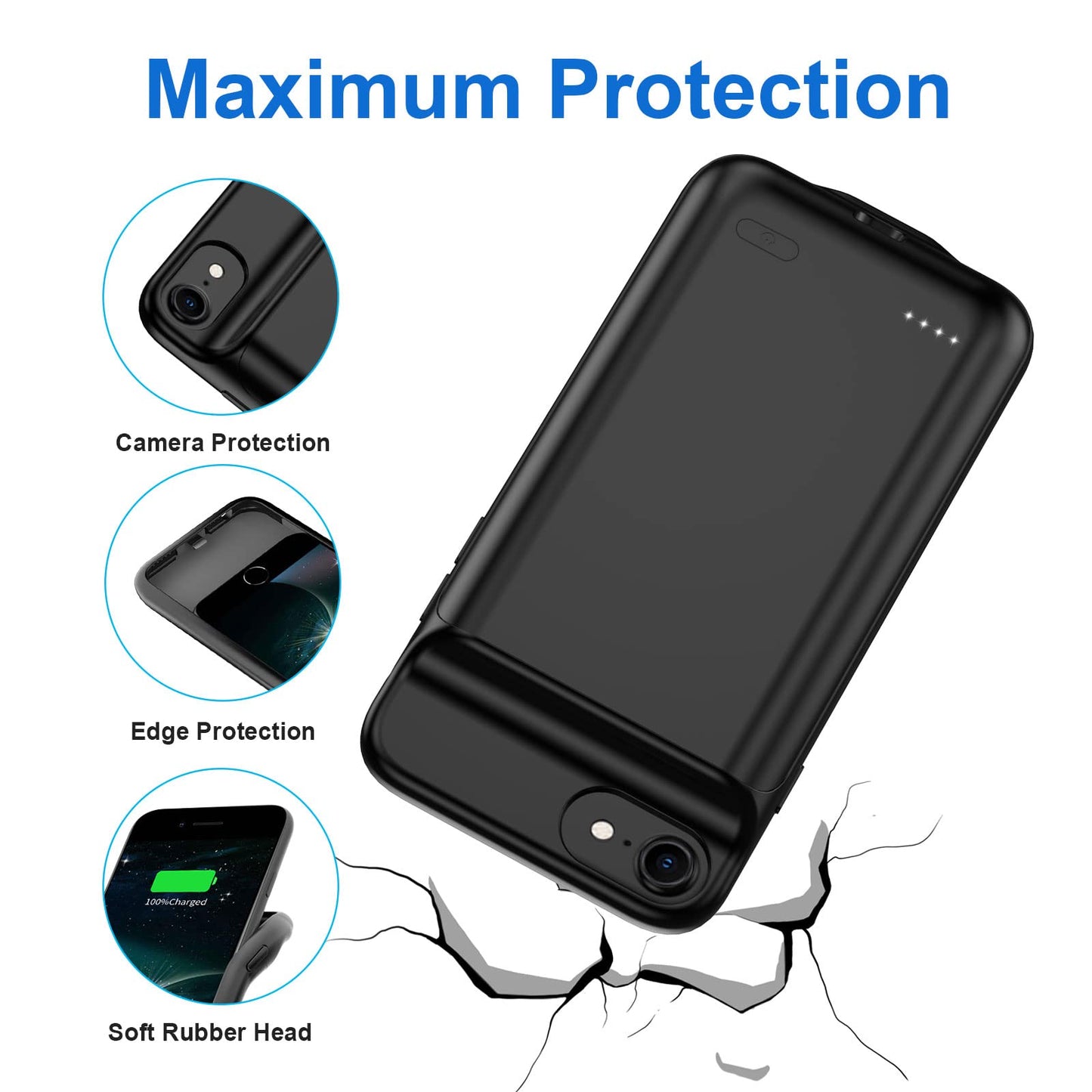 JUBOTY 6800mAh battery case for iPhone 6/6S/7/8/SE 2020/SE 2022, high capacity, portable charging case, extended battery, rechargeable phone battery charger, 4.7 inches (black)