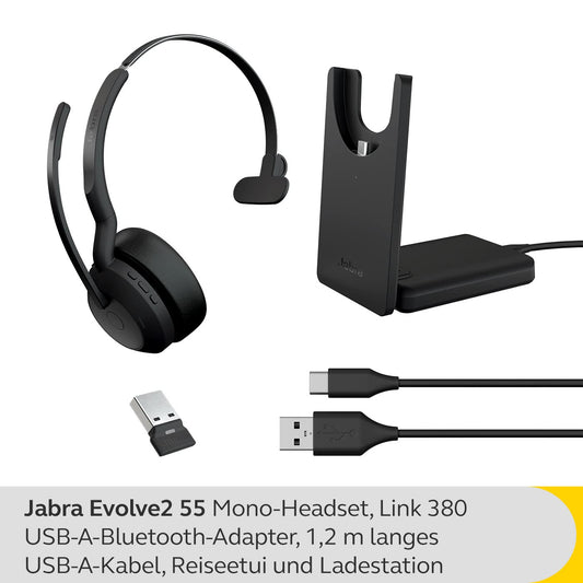 Jabra Evolve2 55 - wireless mono headset with charging stand Air Comfort - microphones with noise cancellation and ANC - compatible with all UC platforms like Zoom and Google Meet - Black