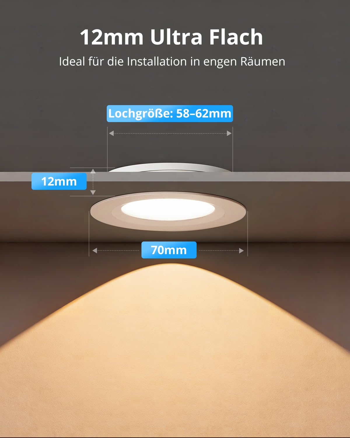Gr4tec 6-pack of dimmable 12V LED recessed lights, IP44 aluminum LED spot warm white 3000K 84Ra 3W, ultra-thin 12mm furniture recessed light, hole 58-62mm, 12V ceiling spots for RV camper boat closet.
