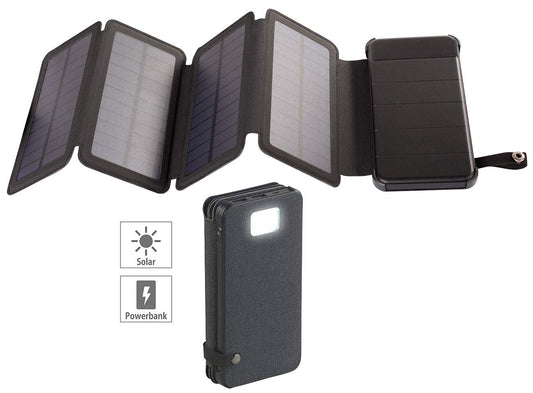 revolt solar bank: solar power bank, foldable solar panel, LED lamp, 8,000 mAh, 2.1 A, 5W (portable solar panel, USB solar panel, phone charging station)
