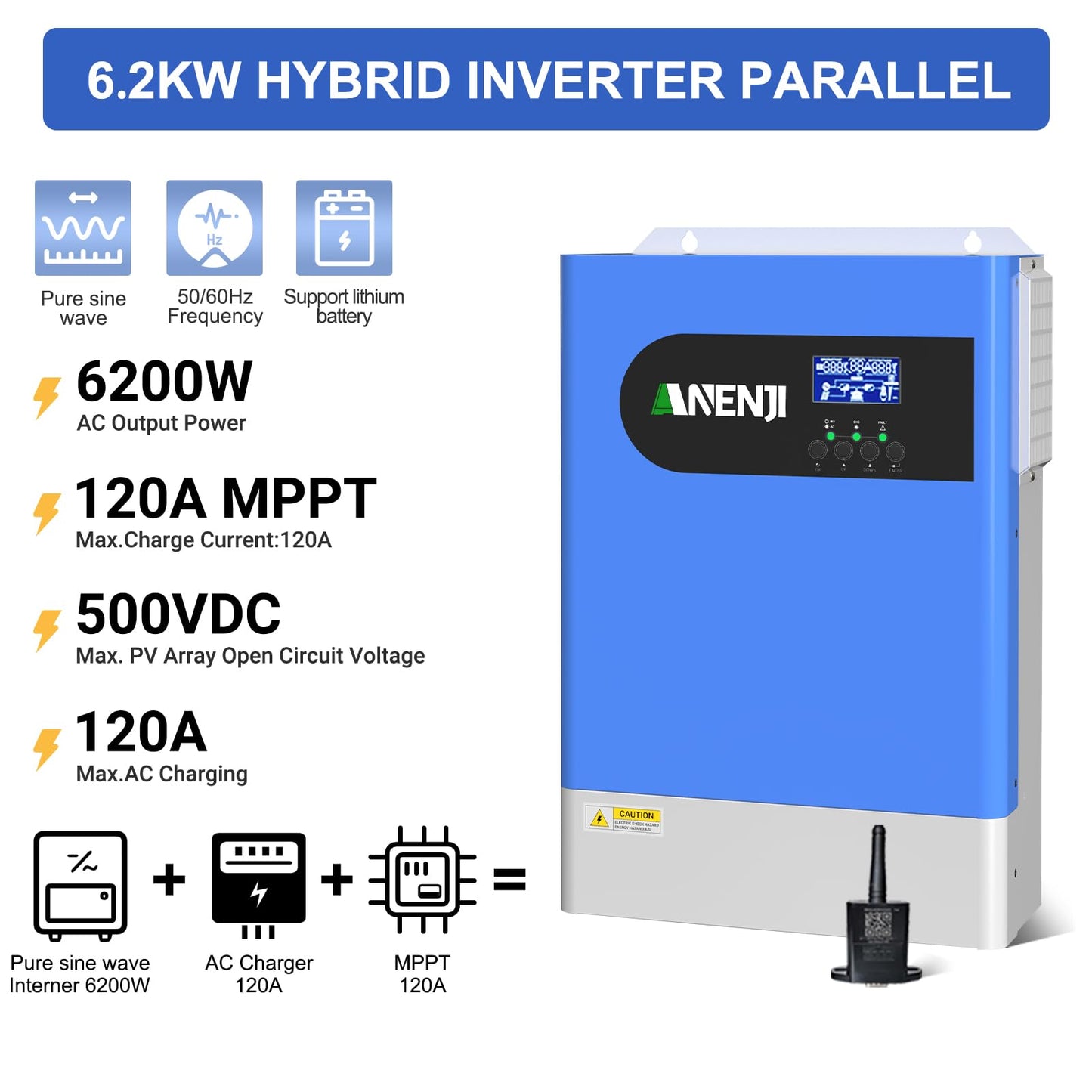 Aninerel 6200W Hybrid inverter 48V, battery-free operation, Parallel function, Max. PV 500Vdc Pure sine wave inverter 230V with 120A MPPT solar charge controller, For lithium batteries, with WiFi module