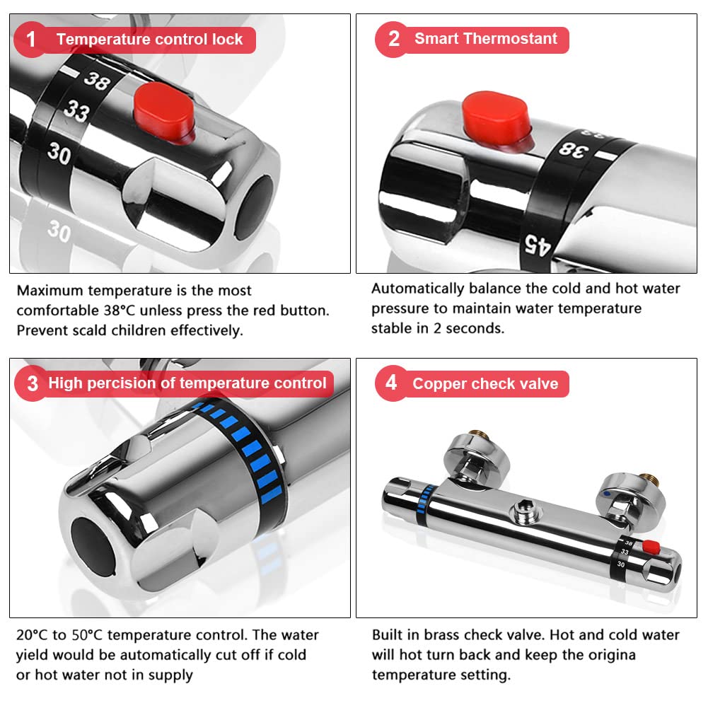 Thermostatic shower faucet with 38°C safety button, temperature control, wall-mounted, 1/2" shower thermostatic mixer tap for bathroom.