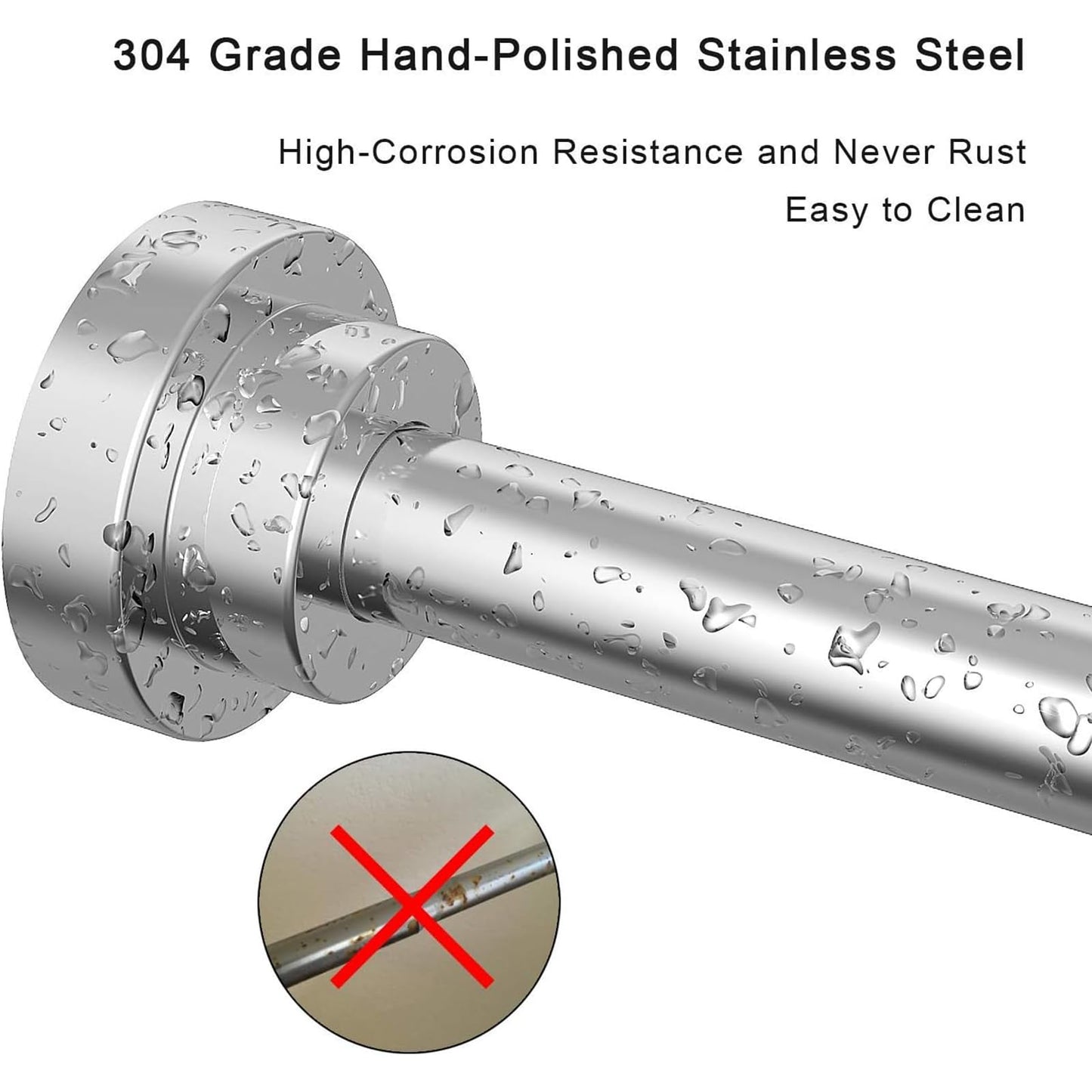 Foeska telescopic pole silver shower curtain rod without drilling made of stainless steel extendable clothes rail adjustable by turning secure grip for shower and bathtub (silver, 100-290cm)