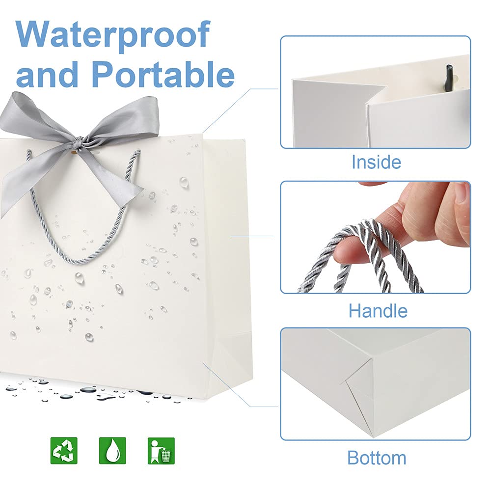 Gift bags with silver ribbon, luxurious gift bags for birthday, wedding, party, bridesmaid, bridal party, 32 x 24.9 x 9.9 cm, white, 8 pieces.