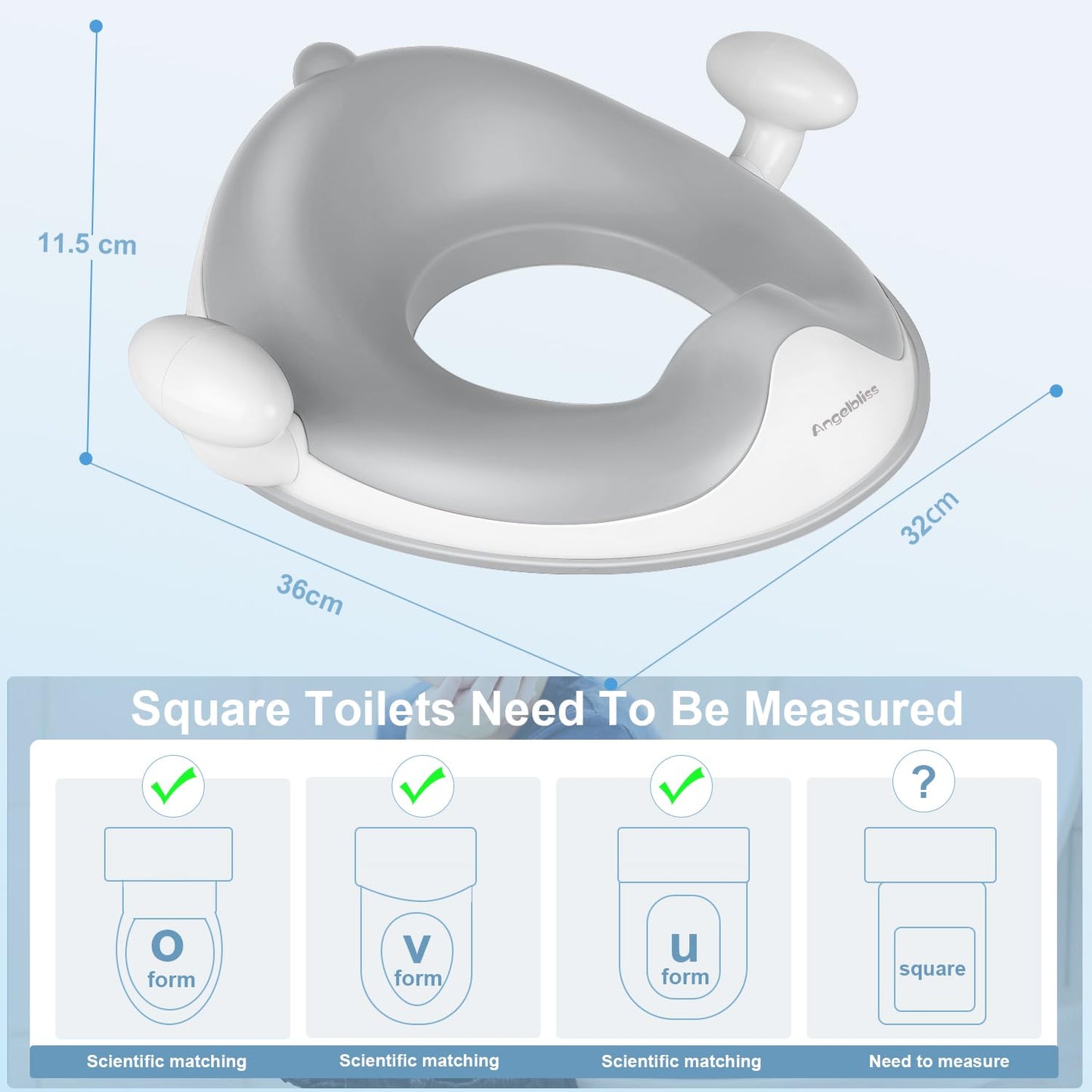 Angelbliss Kids Toilet Seat, Baby Potty Training Toilet Trainer, Children's Toilet Seat for Boys and Girls, Double Anti-Slip Padding Toilet Topper, with Handle and Splash Guard (gray)