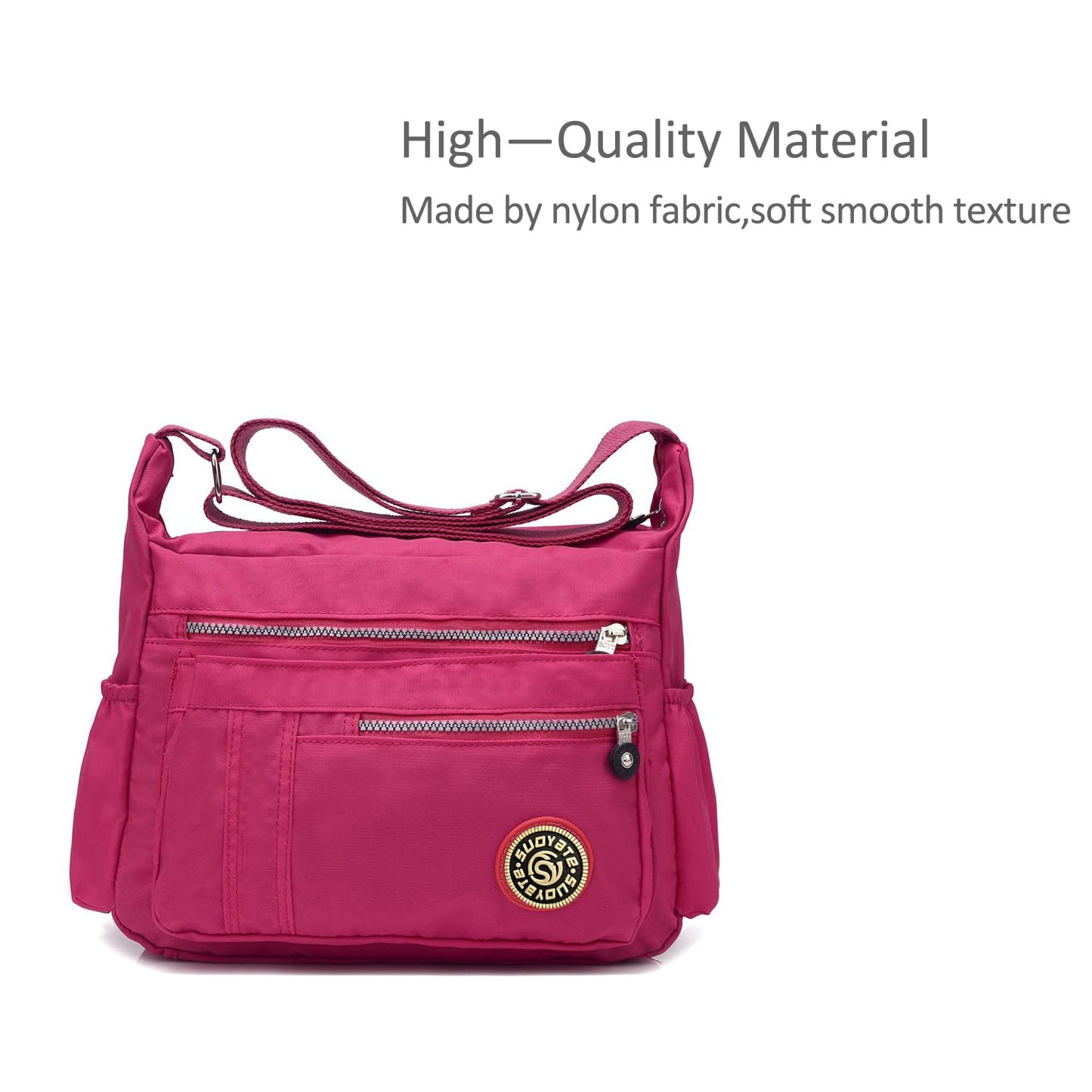 NICOLE & DORIS women's crossbody messenger bag in casual pink nylon, featuring multiple pockets and a zipper closure.