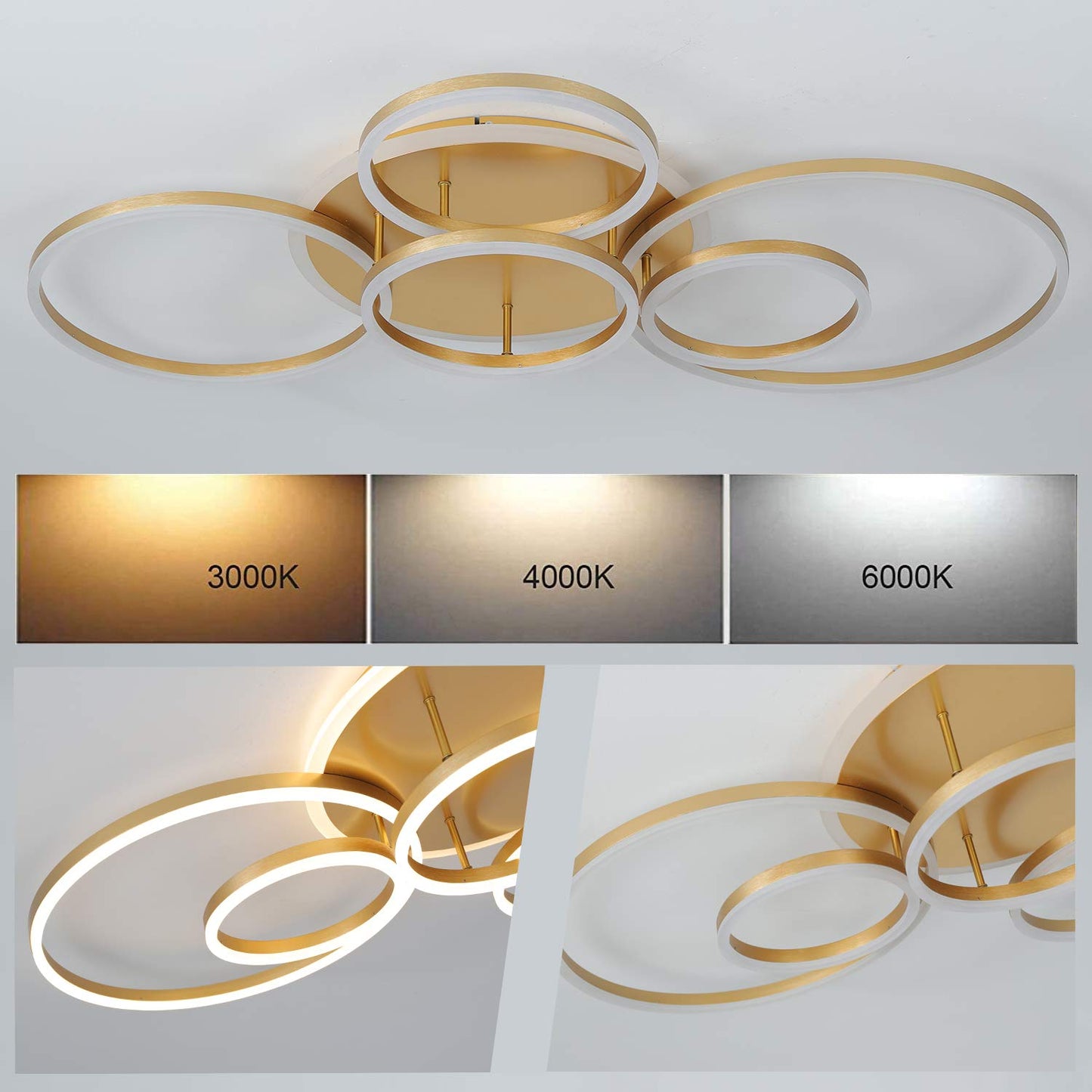 SENFAI LED ceiling light 115 cm ceiling lamp living room 3000K-6000K dimmable round 6 ring ceiling lamp with remote control, modern LED living room lamp with night light memory function kitchen lamp