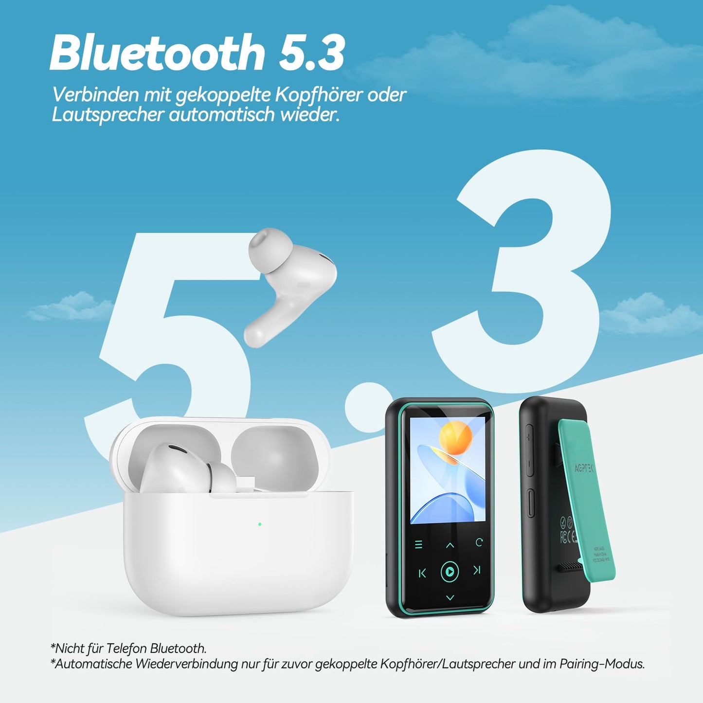 AGPTEK 64GB MP3 player with sport clip, Bluetooth 5.3 player with 1.8-inch TFT color screen, mini music player with touch buttons, FM radio, pedometer, supports up to 128GB SD card, blue.
