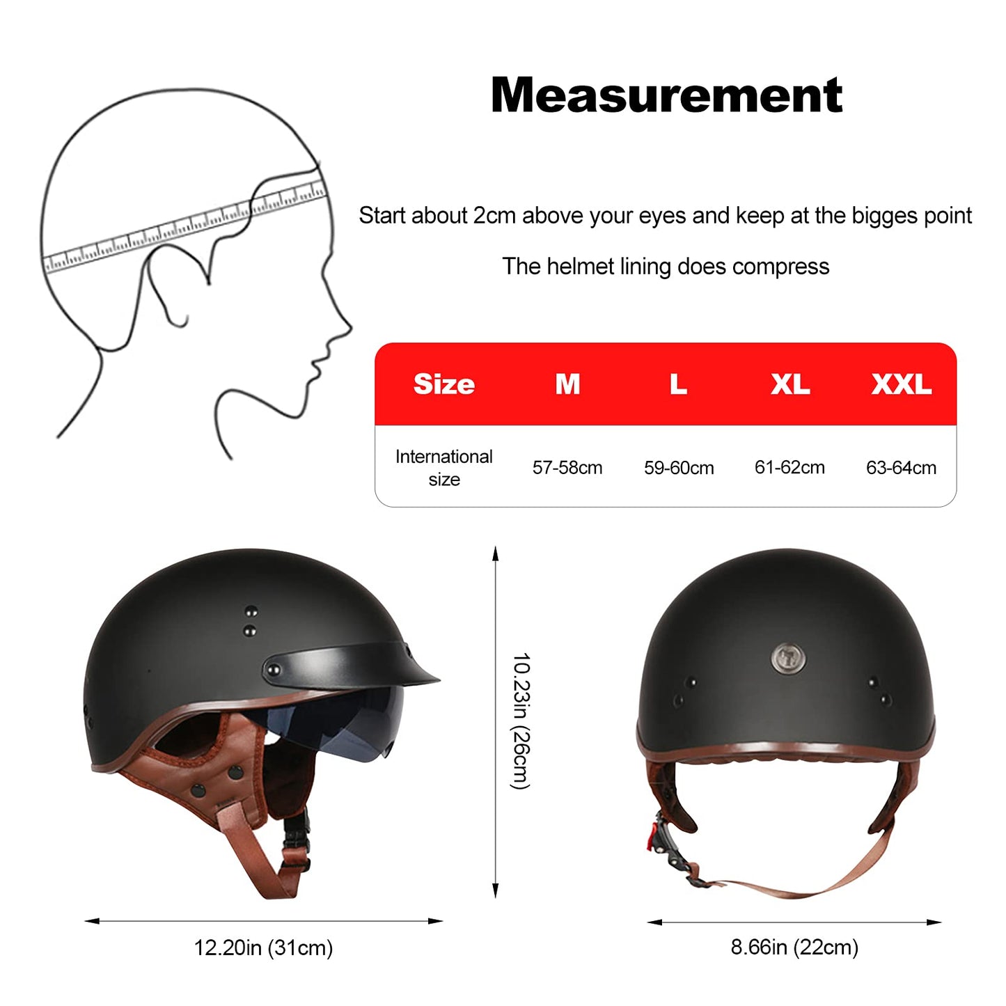 BOSERMEM motorcycle helmet with goggles DOT/ECE approved, open face helmet scooter moped chopper vintage (Matte black lucky bull head, XXL 63-64cm)