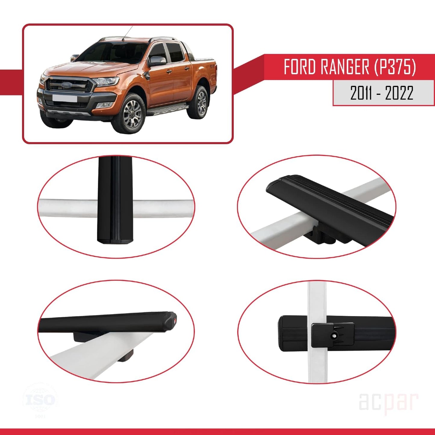 acpar Compatible with Ford Ranger (P375) 2011-2022 Basic Model Roof Rack Cross Bars Black Aluminum 2 Bars