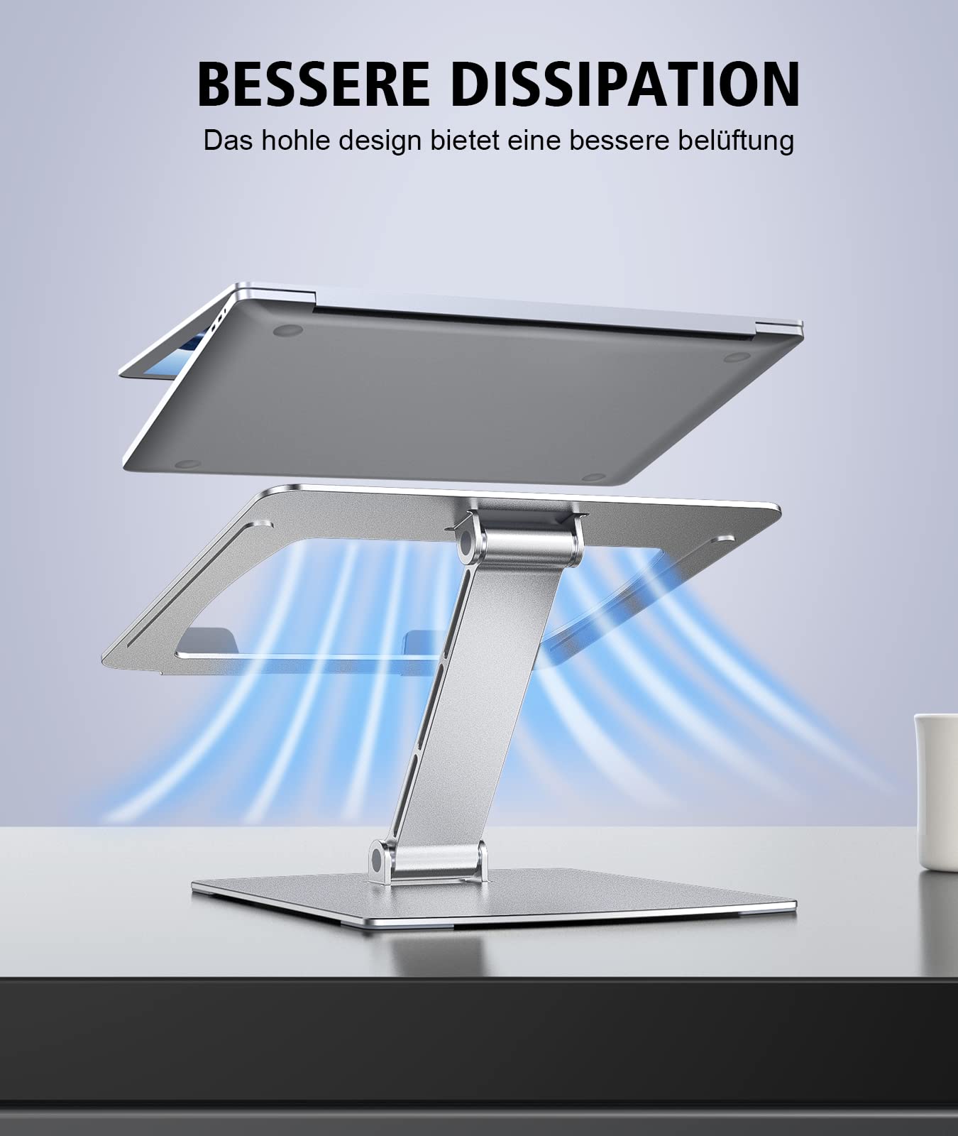 Adjustable height laptop stand, ergonomic, portable notebook stand for desk, foldable desk book stand aluminum, compatible with MacBook Air Pro (10-16 inches)
