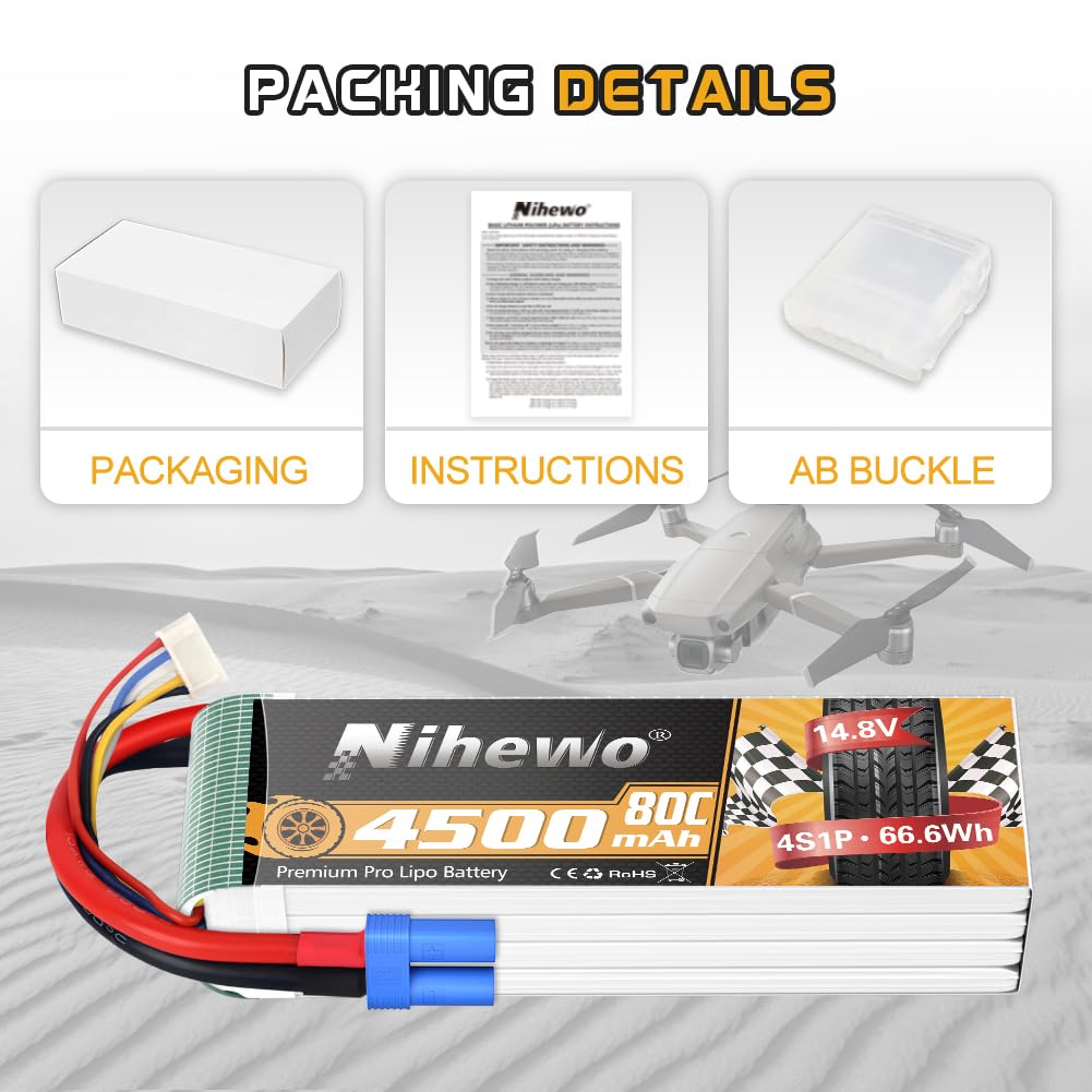2 packs of 4S Lipo battery, Nihewo RC battery 14.8V 4500mAh 80C with EC5 plug. Compatible with 1/6 1/8 scale RC cars, trucks, planes, helicopters, boats, and tanks.