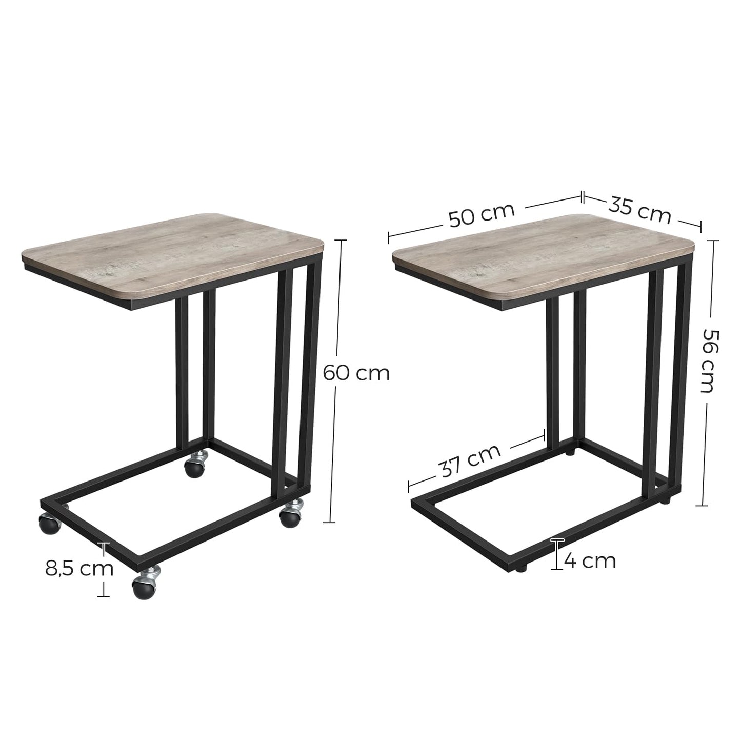 VASAGLE side table, coffee table with wheels, C-shape, mobile coffee table, 35 x 50 x 60 cm, living room table with metal frame, for coffee and laptop, industrial design, greige-black LNT050B02
