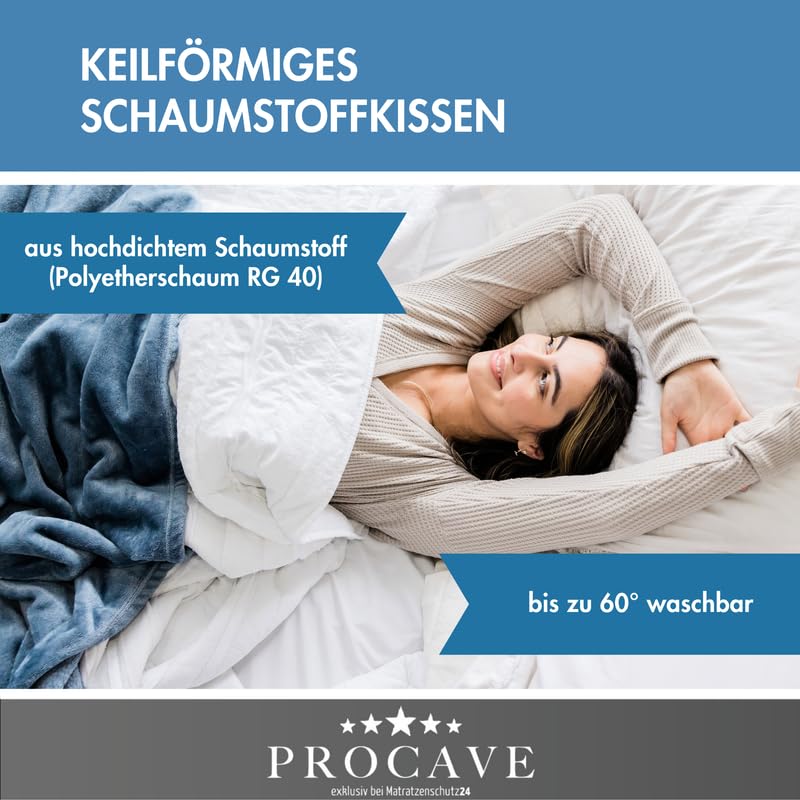 PROCAVE bed wedge with Silver Protect double cloth cover | Width: 140 cm x Depth: 45 cm x Height: 15/1 cm | Made in Germany | wedge-shaped foam pillow for beds and waterbeds