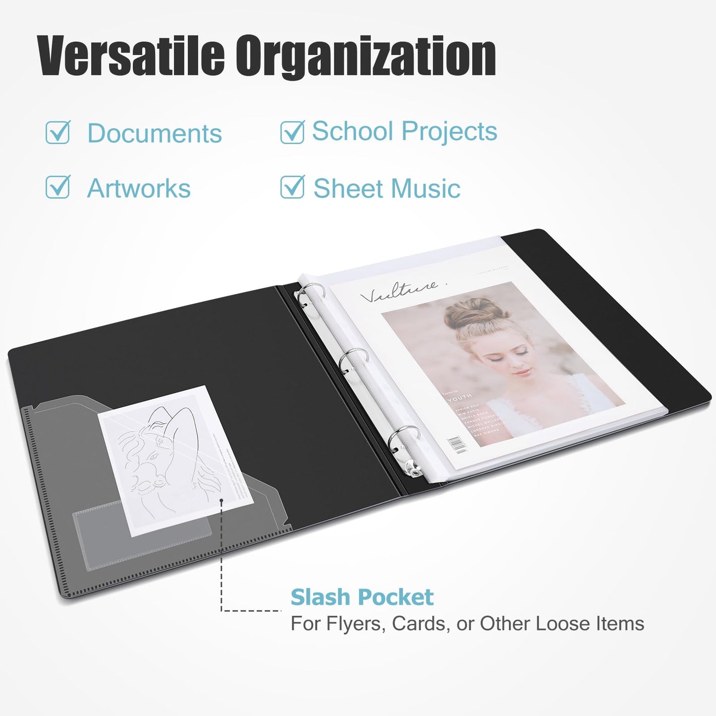 Uquelic presentation book, ring binder with 80 clear pockets A4 crystal clear (50 microns) and 6 macaron-colored PP dividers, folder organizer for documents, certificates, portfolio, black