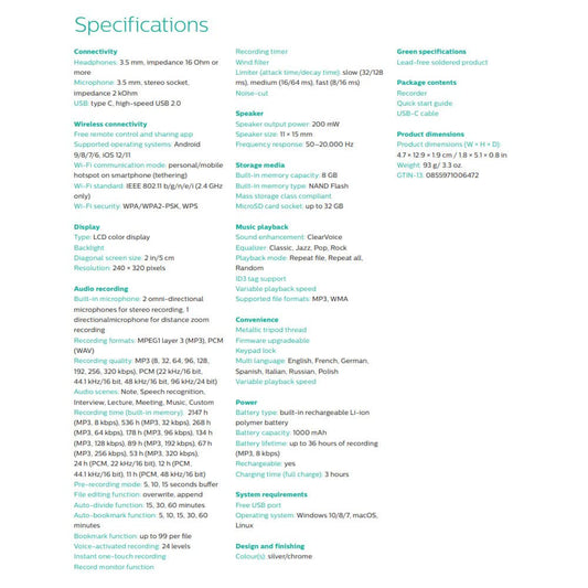 Philips VoiceTracer Audio Recorder DVT4110 digital dictation device for lectures and interviews, 3 high-fidelity microphones, 8GB, smartphone app (Android/iOS)