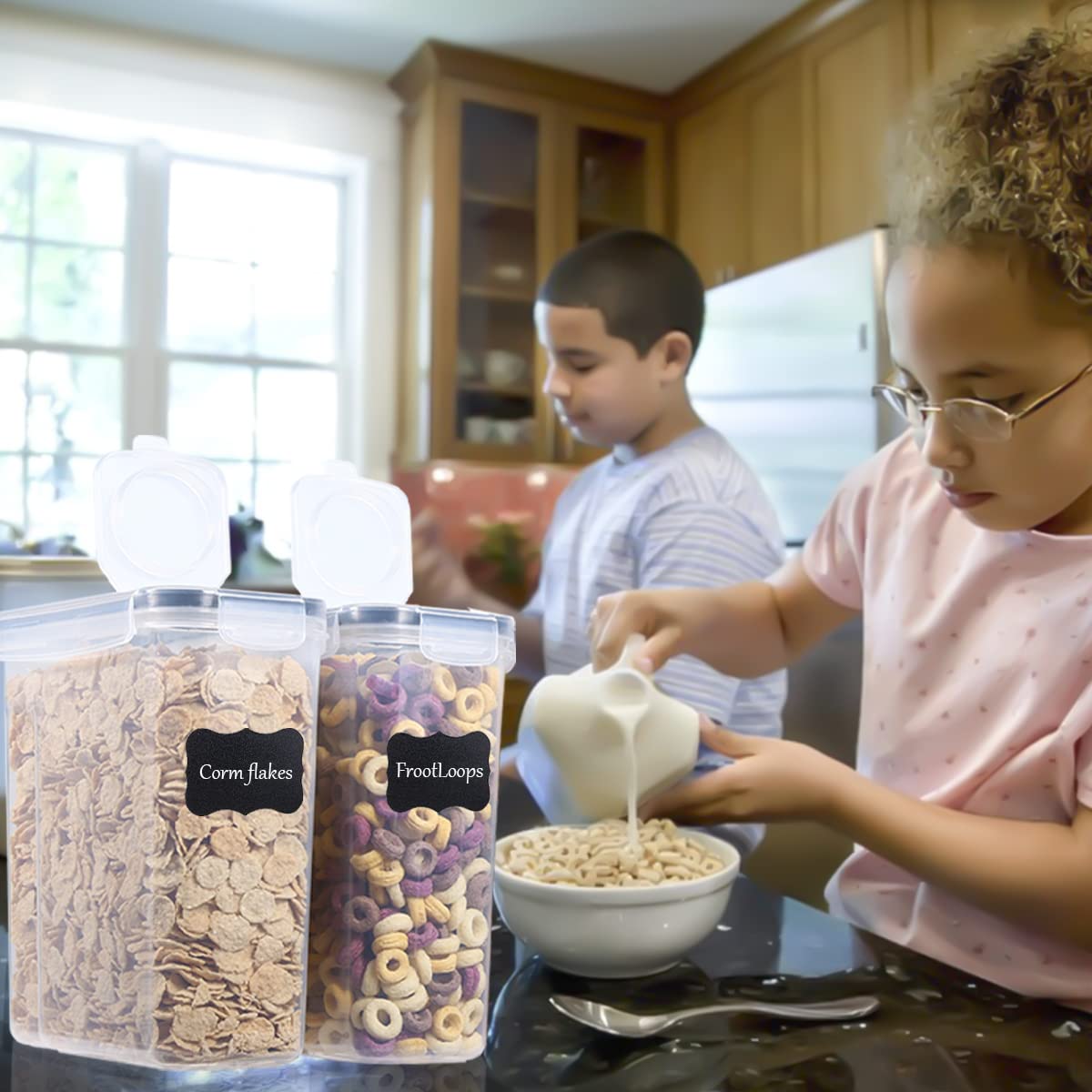 LUFEVRM 2.5L storage containers with lid, 4-piece airtight kitchen storage box sets, BPA-free plastic cereal dispensers for dry goods like cereal, flour, sugar, includes 24 labels.