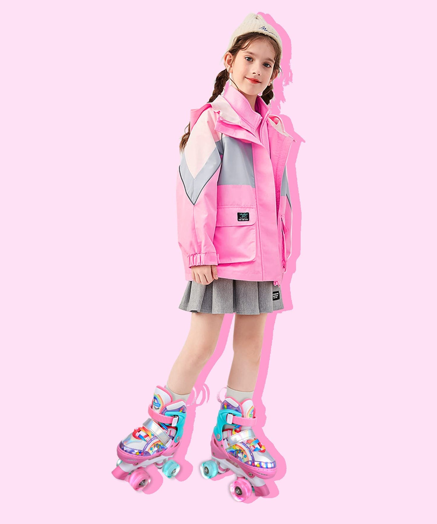 Children's unicorn roller skates for girls. Suitable for ages 6-12. With glowing wheels, 4-wheel adjustable beginner quad roller skates for Christmas and birthday gifts.