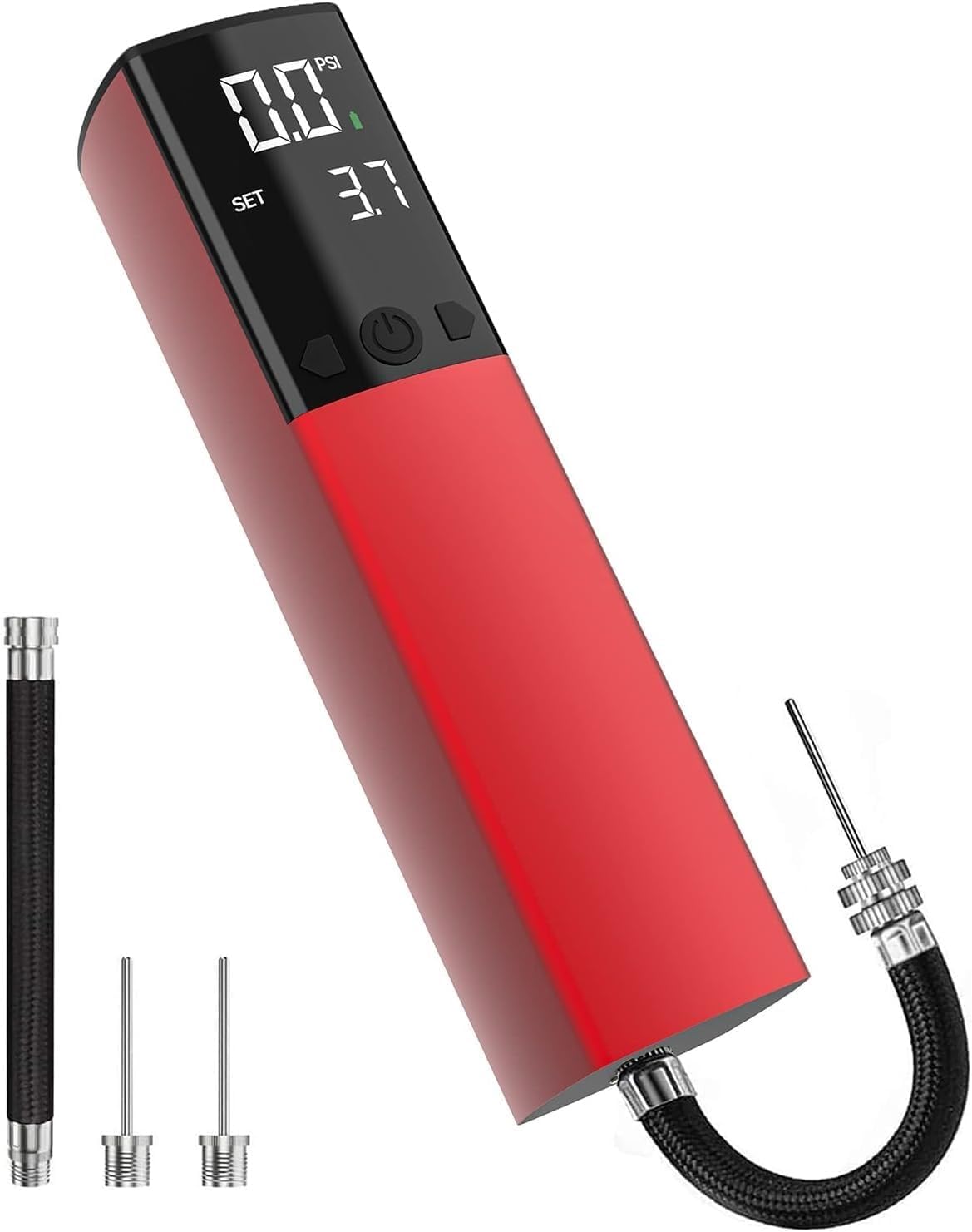 Electric ball pump, Smart air pump, Portable, Quick inflation of ball with precise gauge and digital LCD display for soccer, basketball (2 needles and 1 nozzle) Red.