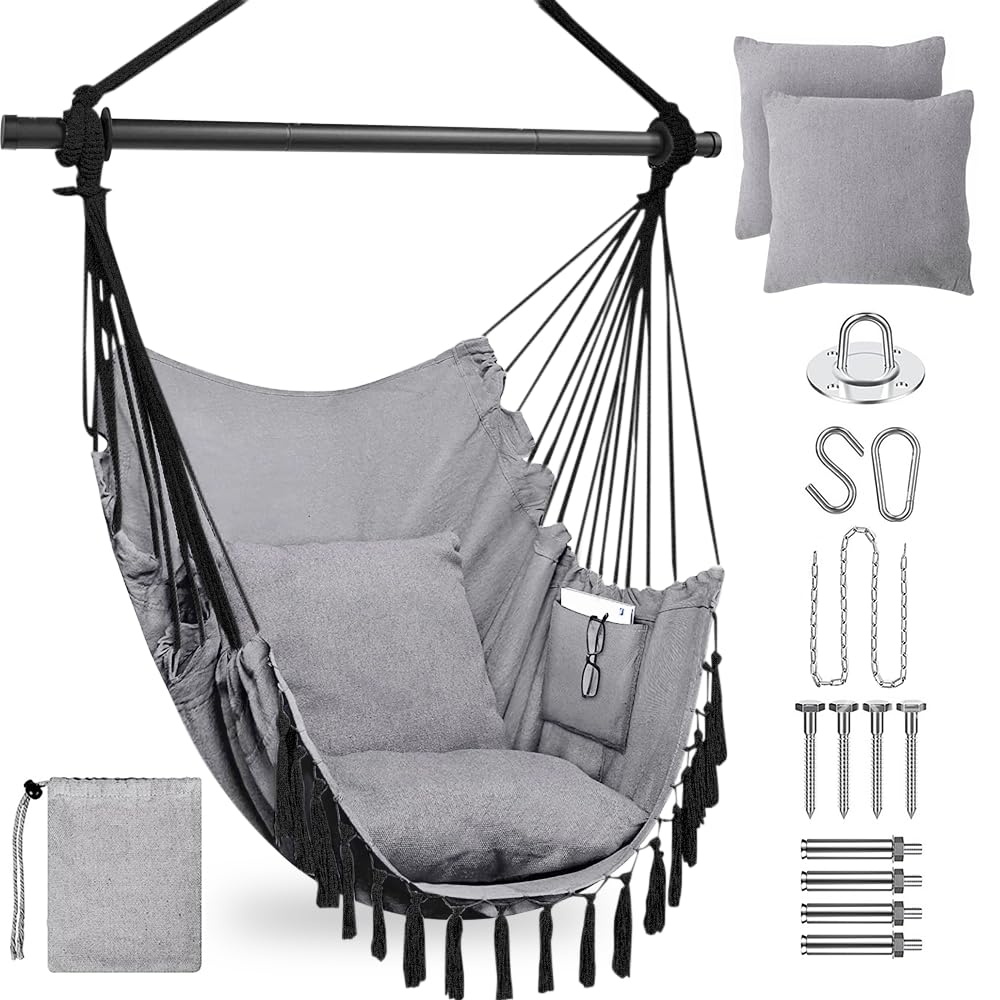 Outdoor & indoor hanging swing chair with 2 pillows & bag, XXL hanging chair for kids & adults up to 330 lbs, hammock swing for living room, bedroom, garden, terrace.