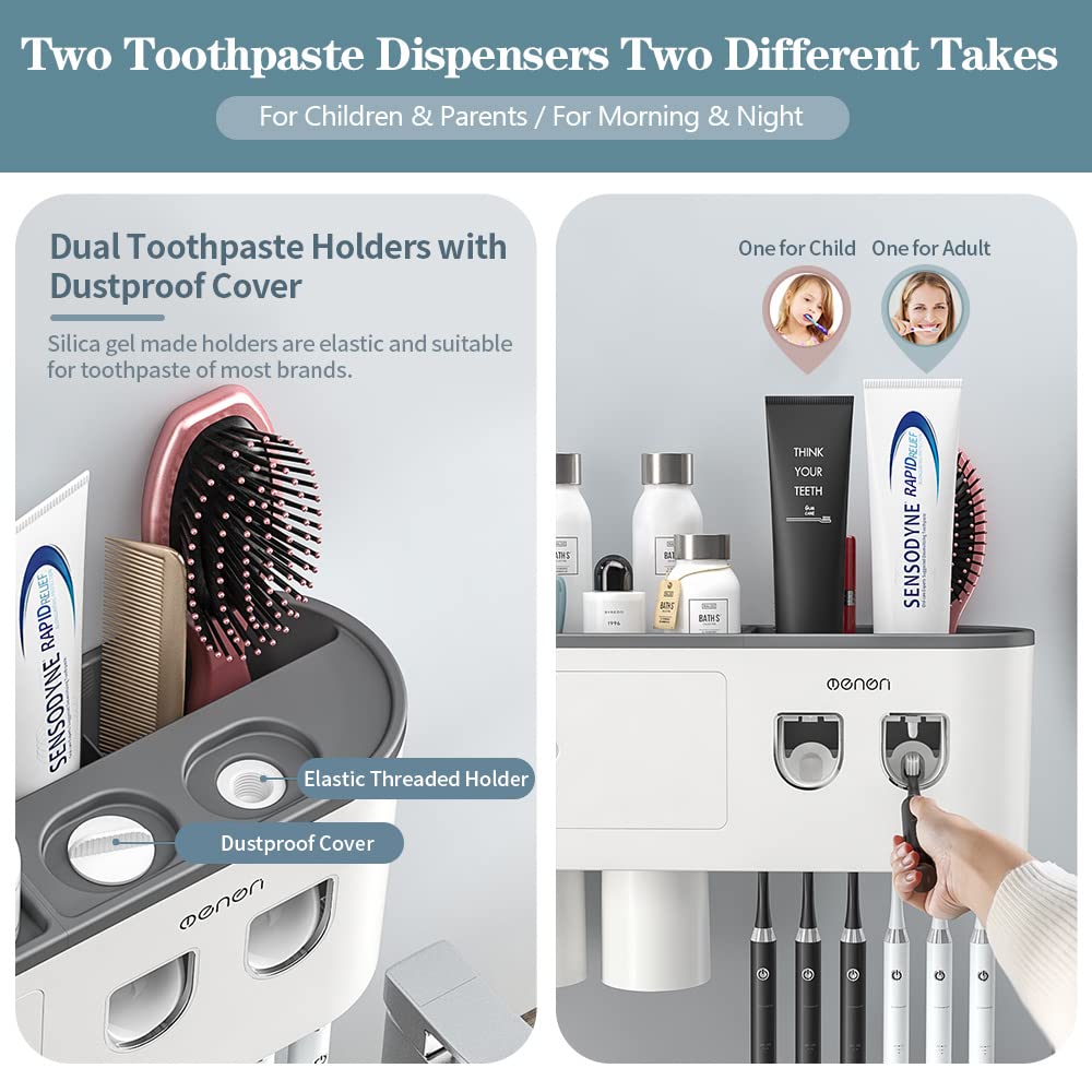BHeadCat toothbrush holder, wall-mounted toothbrush holder with double automatic toothpaste dispenser for kids and adults, 6 brush slots, 2 magnetic cups, Gray.