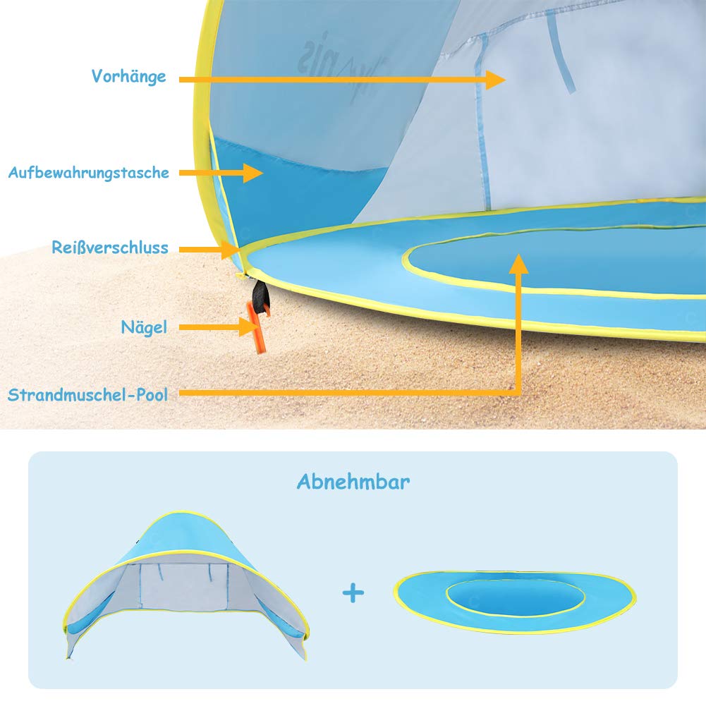 Glymnis baby beach tent pop-up beach tent with detachable pool UV protection UPF 50+ sun shade shelter for toddlers 0-3 years