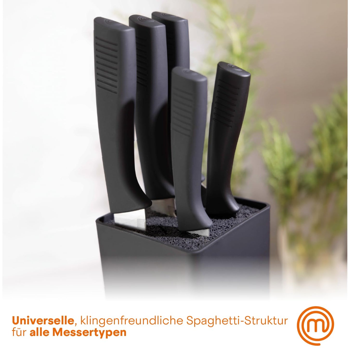 MasterChef knife block with knife cake knife set with Santoku knife, bread knife, chef's knife, vegetable knife, and utility knife, stainless steel, sharp, 5-piece, soft-touch handles.