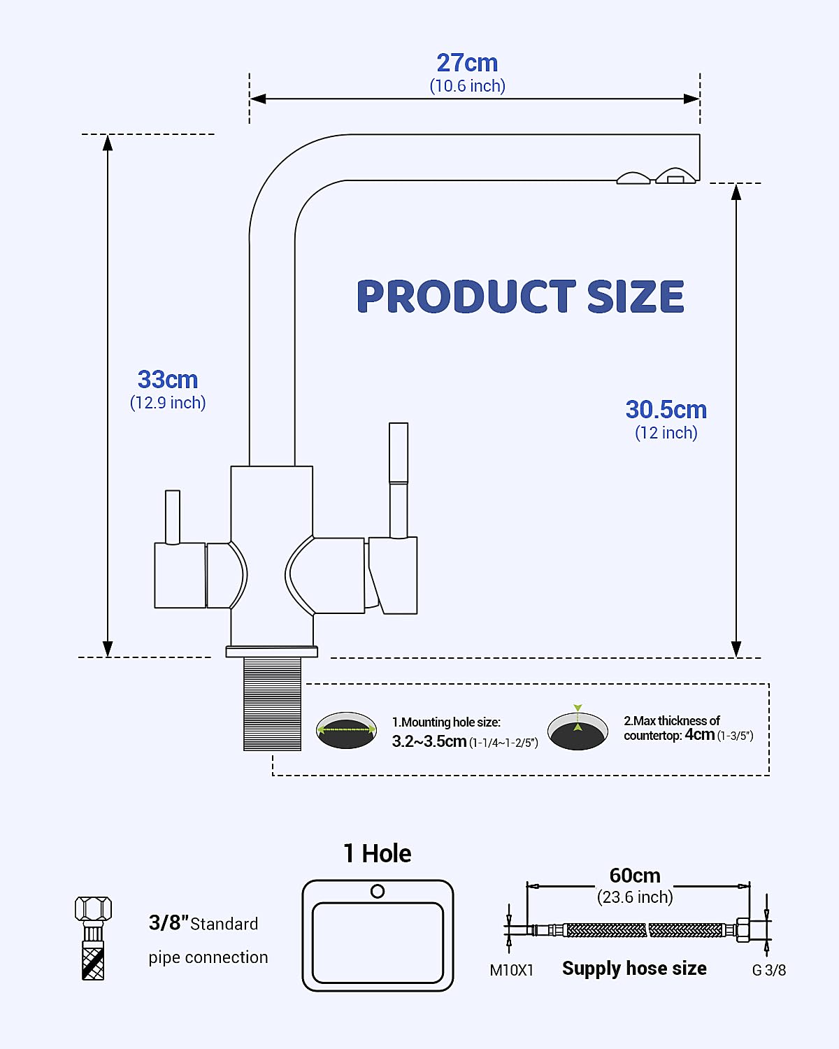 APPASO 3 Way Water Faucet, Kitchen Faucet 3 Way, 3 in 1 Kitchen Mixer Tap for Water Filter, Three Way Tap, Drinking Water Faucet with 2 handles, Stainless Steel Brushed Kitchen Sink Faucet.