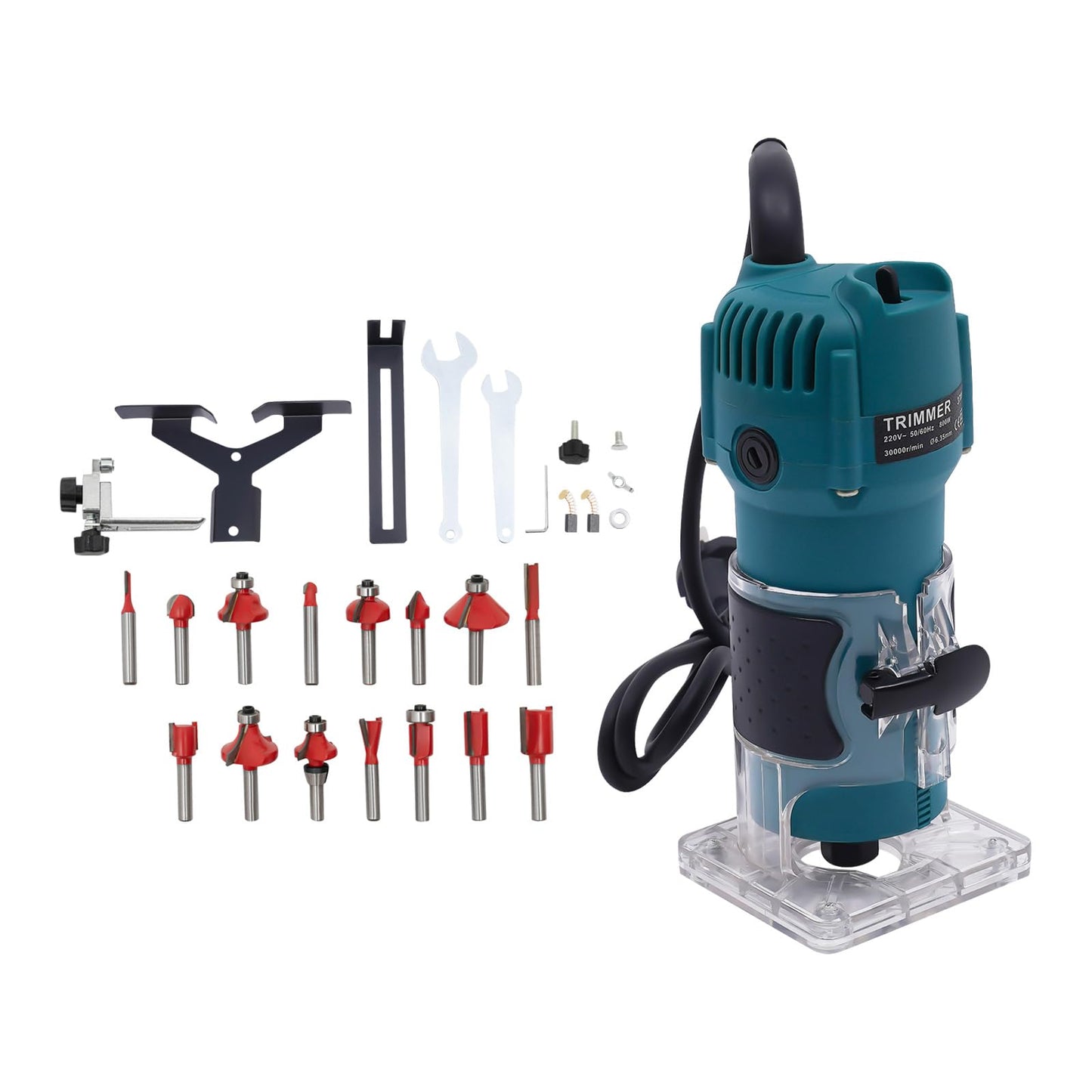 800W trim router, 6.35mm edge trimming router with 15 different router collets for grooving, trimming, carving, milling, chamfering, and cutting curves.